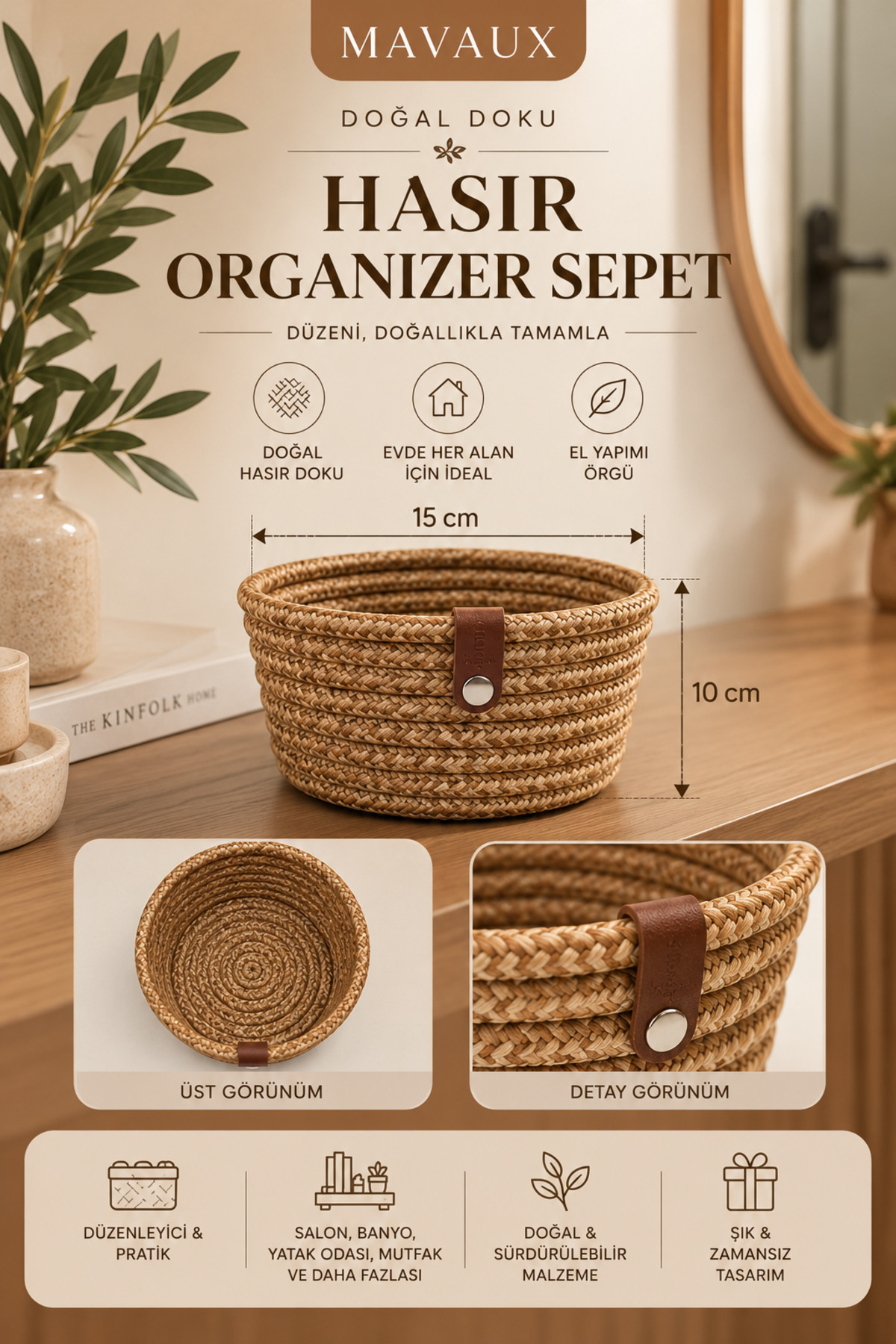 Fleur Dekoratif Hasır Organizer Sepet – Vestiyer, Antre Düzenleyici, Anahtar Kutusu, El Yapımı Örgü Dekoratif Sepet 15x10 cm - Görsel 28