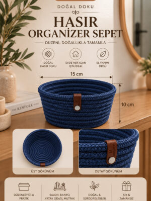 Fleur Dekoratif Hasır Organizer Sepet – Vestiyer, Antre Düzenleyici, Anahtar Kutusu, El Yapımı Örgü Dekoratif Sepet 15x10 cm - Görsel 30
