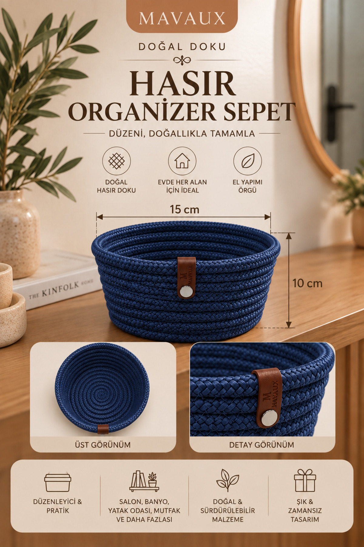 Fleur Dekoratif Hasır Organizer Sepet – Vestiyer, Antre Düzenleyici, Anahtar Kutusu, El Yapımı Örgü Dekoratif Sepet 15x10 cm - Görsel 30