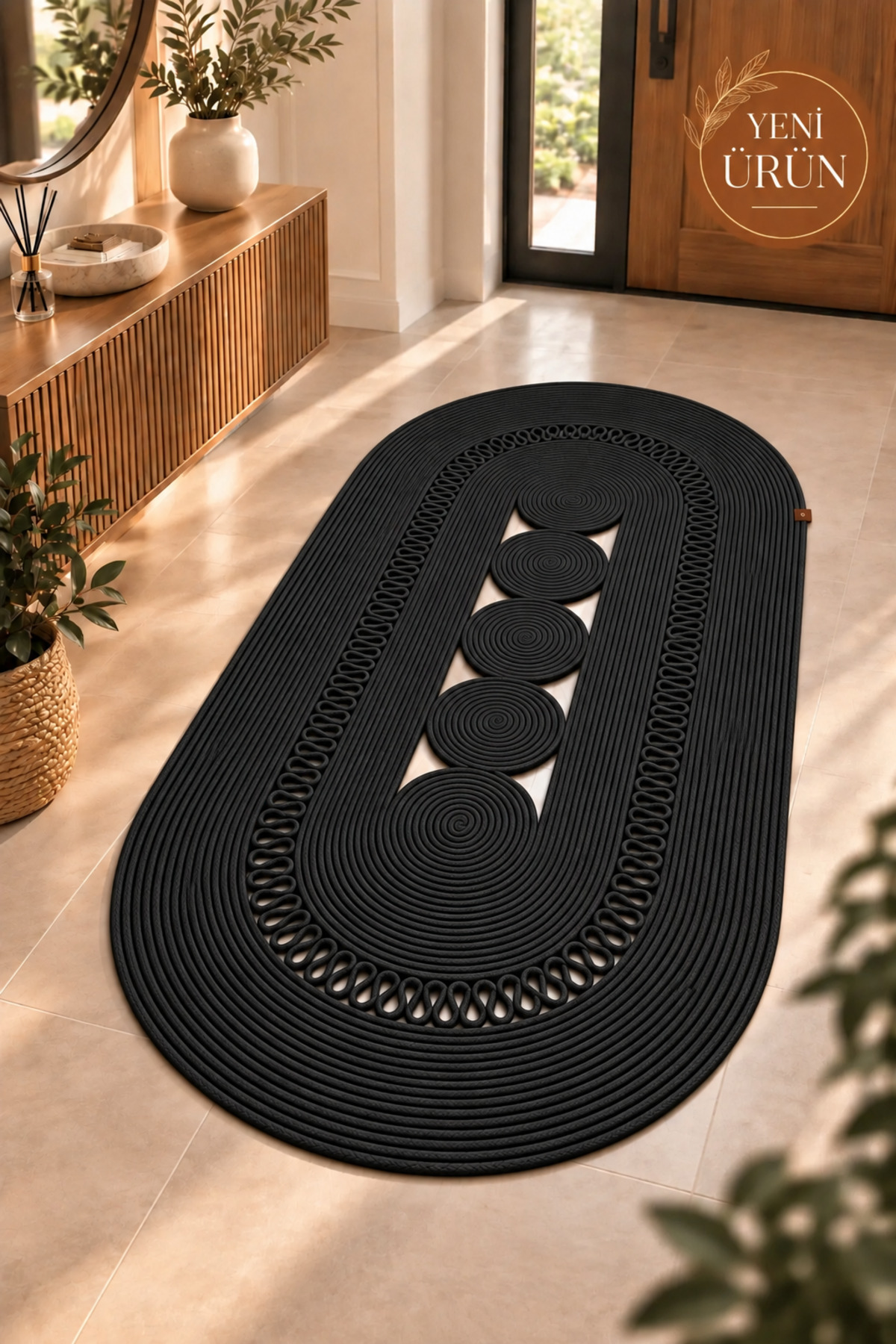 Nola Doğal Hasır Jüt Kilim Dekoratif Örgü Tasarım Oval Salon, Antre, Mutfak ve Koridor Halısı Bohem Ev Dekorasyonu Şık, Modern Doğal Görünümlü Ev Tekstili