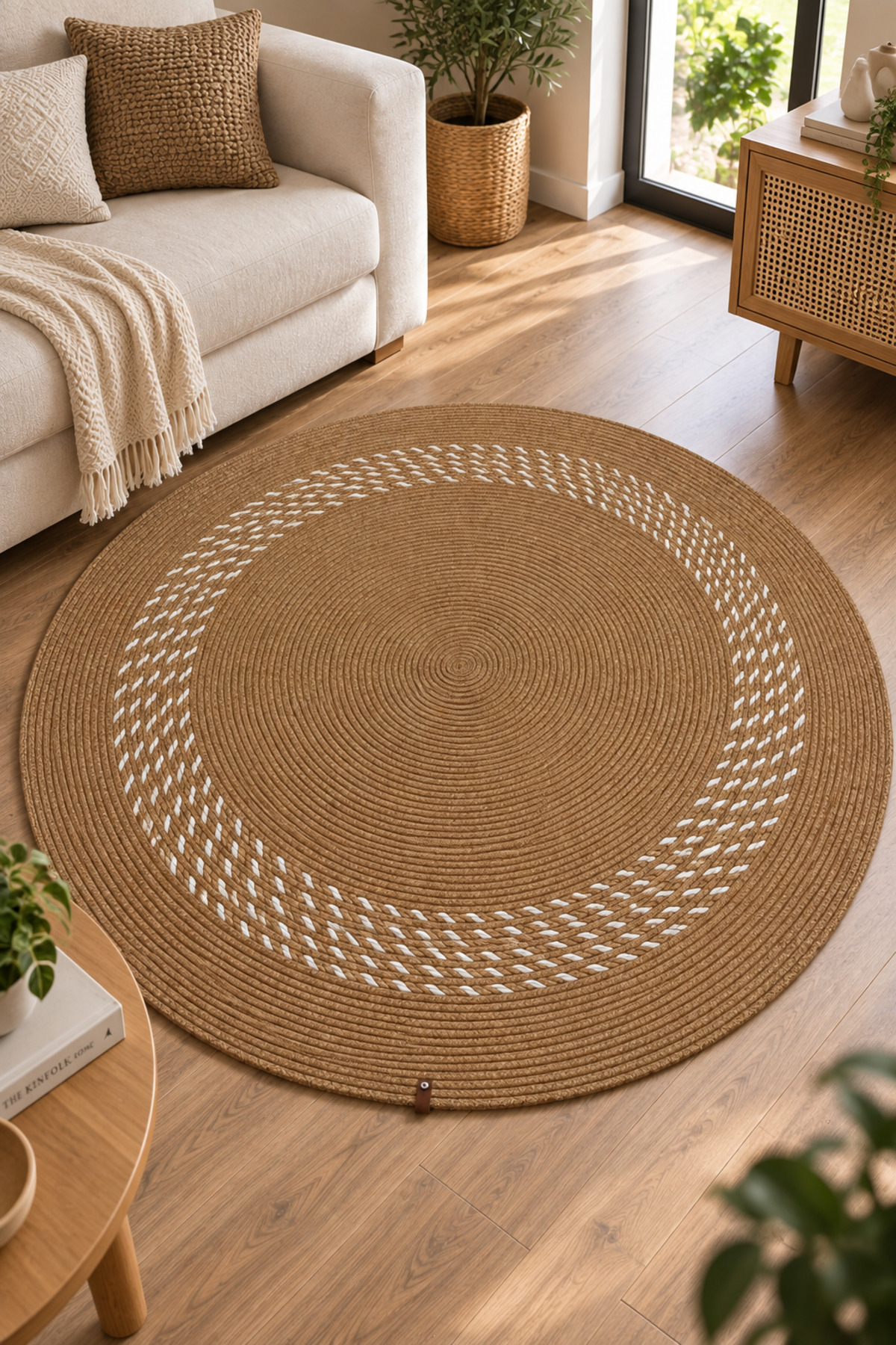 Arden Yuvarlak Jüt Kilim Hasır El Dokuma Doğal Hasır Örgü Dekoratif Halı Salon Yatak Odası Antre Mutfak Balkon Teras Bohem Ev Dekorasyonu
