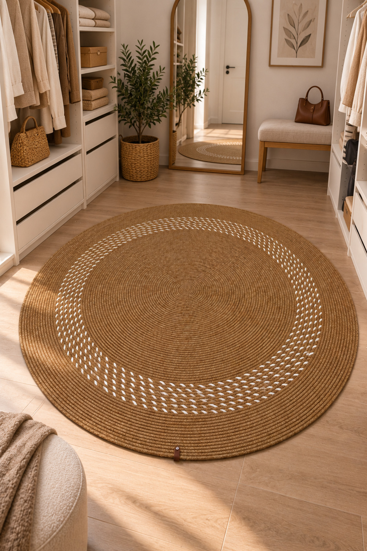 Arden Yuvarlak Jüt Kilim Hasır El Dokuma Doğal Hasır Örgü Dekoratif Halı Salon Yatak Odası Antre Mutfak Balkon Teras Bohem Ev Dekorasyonu - Görsel 4