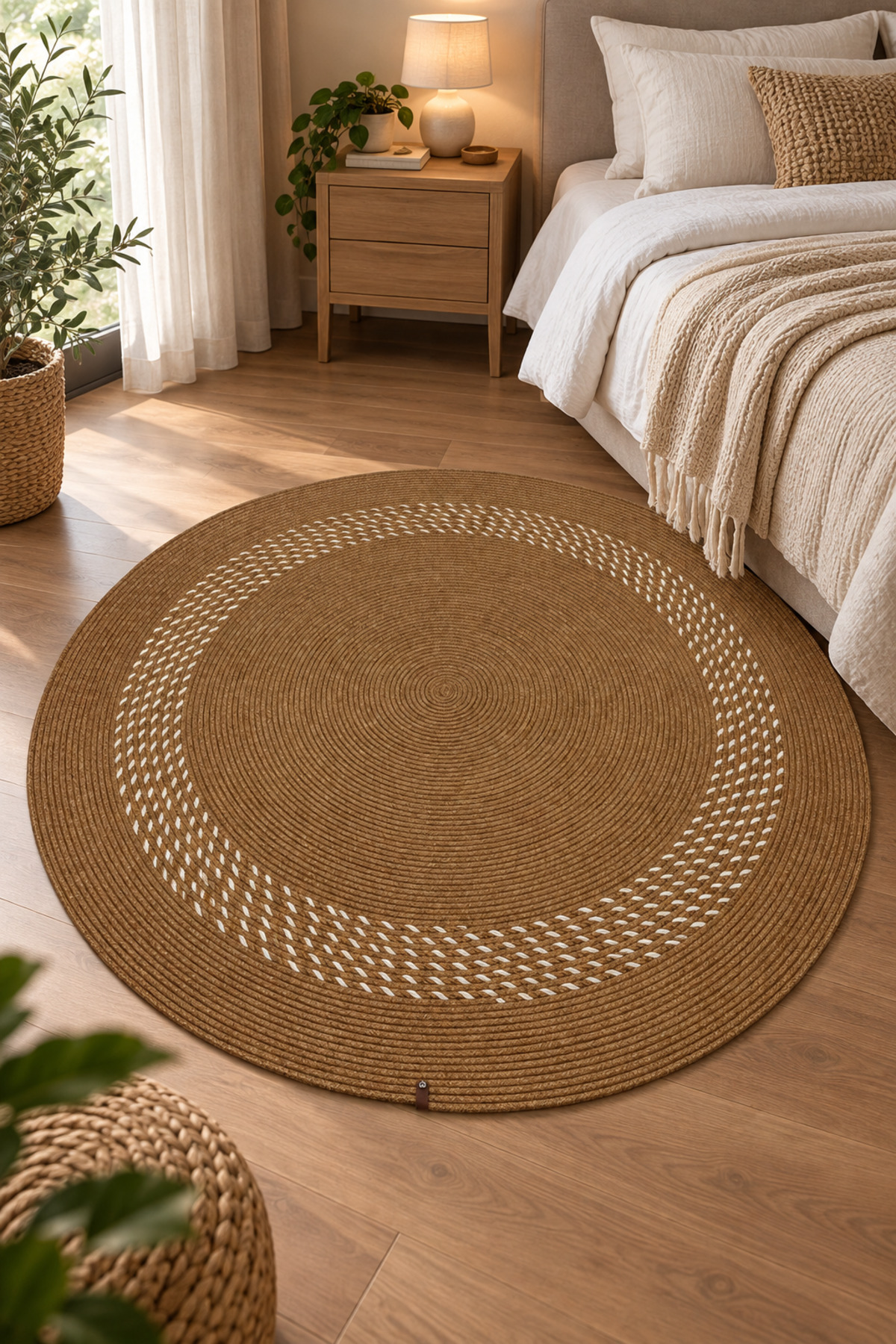 Arden Yuvarlak Jüt Kilim Hasır El Dokuma Doğal Hasır Örgü Dekoratif Halı Salon Yatak Odası Antre Mutfak Balkon Teras Bohem Ev Dekorasyonu - Görsel 6