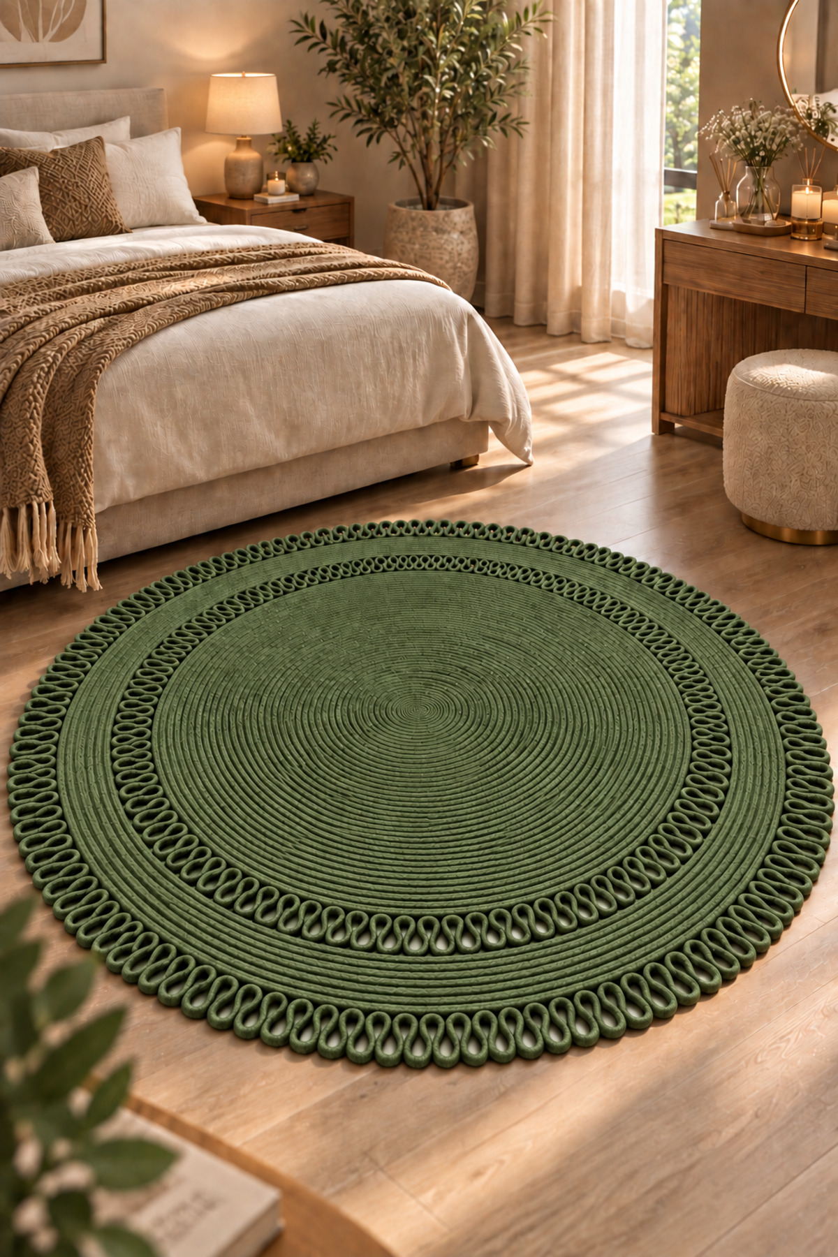 Alessa Doğal Yuvarlak Hasır Jüt Kilim Dekoratif Örgü Kilim – Modern Bohem Tasarım, Şık ve Doğal Görünüm, Salon, Mutfak ve Antre Kullanımı Desenli, Dekoratif, Kilim, Salon Çeyizlik, Hediyelik - Görsel 3