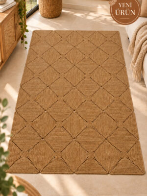 Mireya Dekoratif Hasır Jüt Kilim – Halat Örgü Dokulu, Geometrik Kare Desenli, El İşçiliği , Doğal Tasarım, Salon, Antre ve Ev Dekorasyonu İçin Kilim
