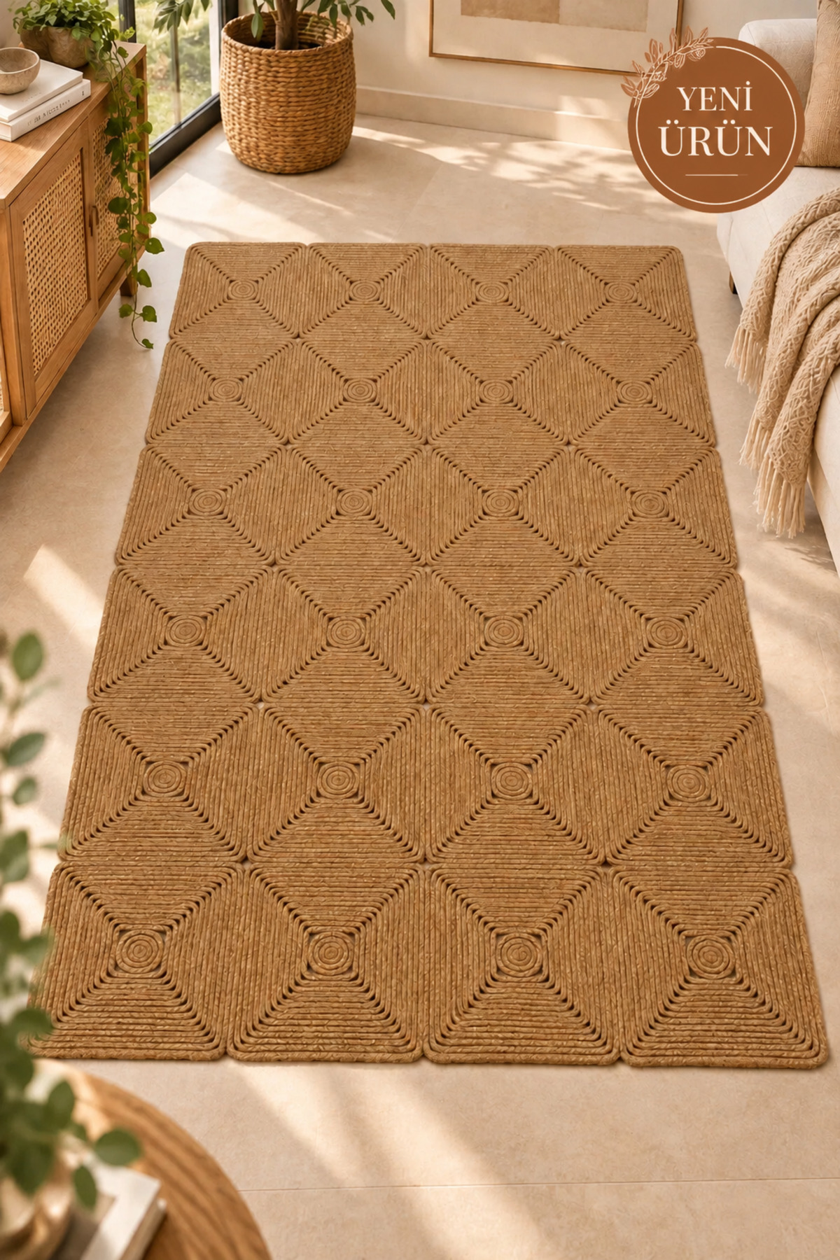 Mireya Dekoratif Hasır Jüt Kilim – Halat Örgü Dokulu, Geometrik Kare Desenli, El İşçiliği , Doğal Tasarım, Salon, Antre ve Ev Dekorasyonu İçin Kilim
