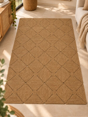 Mireya Dekoratif Hasır Jüt Kilim – Halat Örgü Dokulu, Geometrik Kare Desenli, El İşçiliği , Doğal Tasarım, Salon, Antre ve Ev Dekorasyonu İçin Kilim - Görsel 2