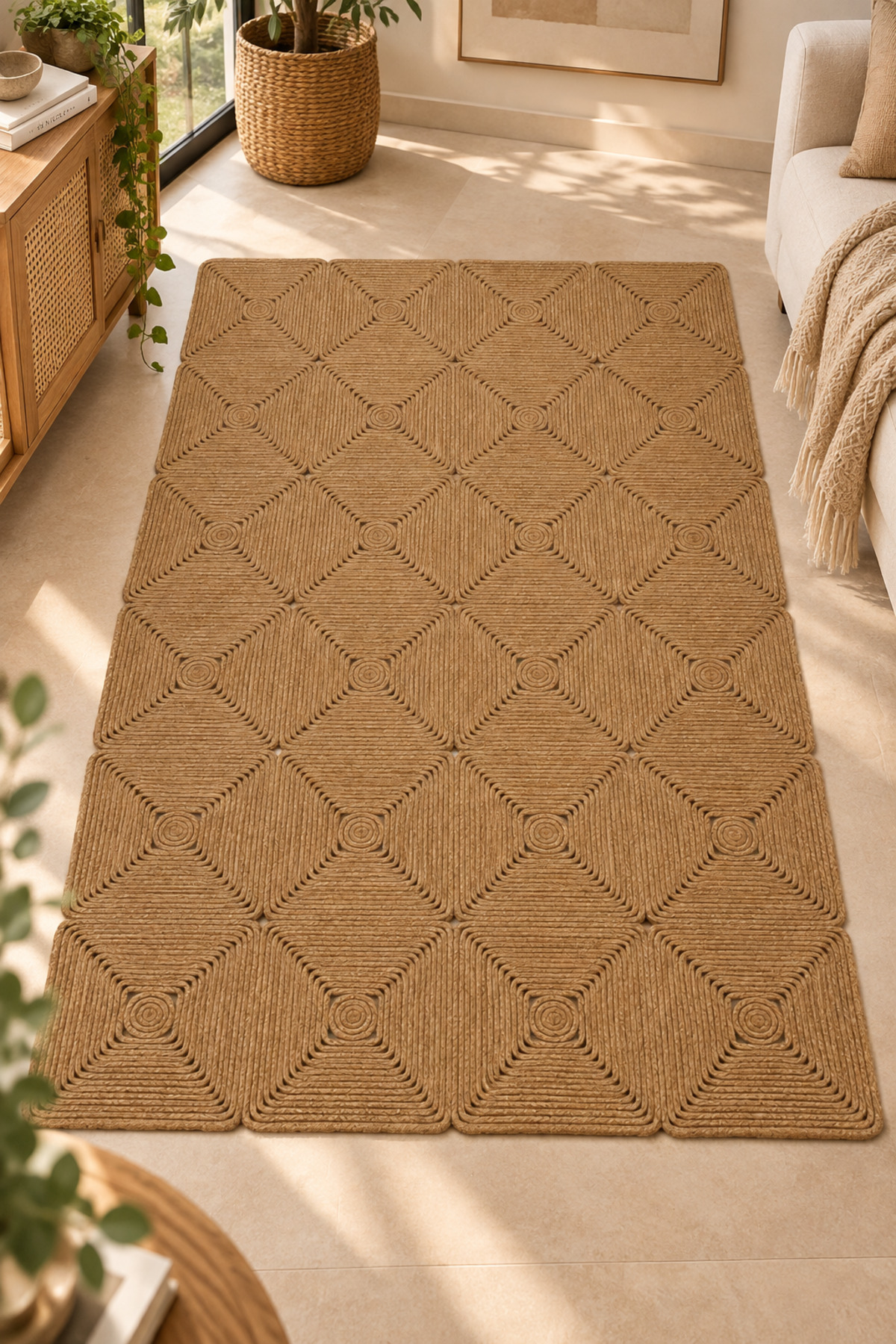 Mireya Dekoratif Hasır Jüt Kilim – Halat Örgü Dokulu, Geometrik Kare Desenli, El İşçiliği , Doğal Tasarım, Salon, Antre ve Ev Dekorasyonu İçin Kilim - Görsel 2