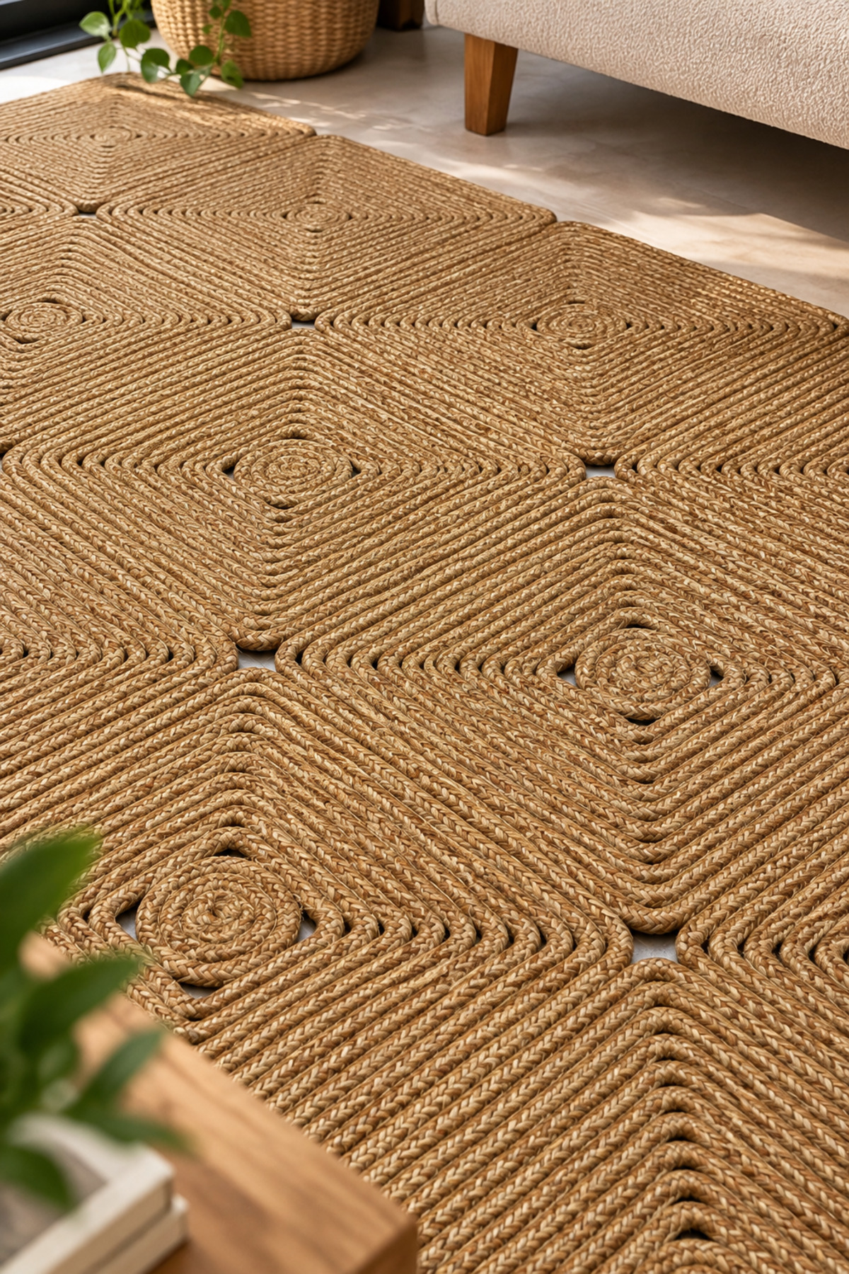 Mireya Dekoratif Hasır Jüt Kilim – Halat Örgü Dokulu, Geometrik Kare Desenli, El İşçiliği , Doğal Tasarım, Salon, Antre ve Ev Dekorasyonu İçin Kilim - Görsel 3