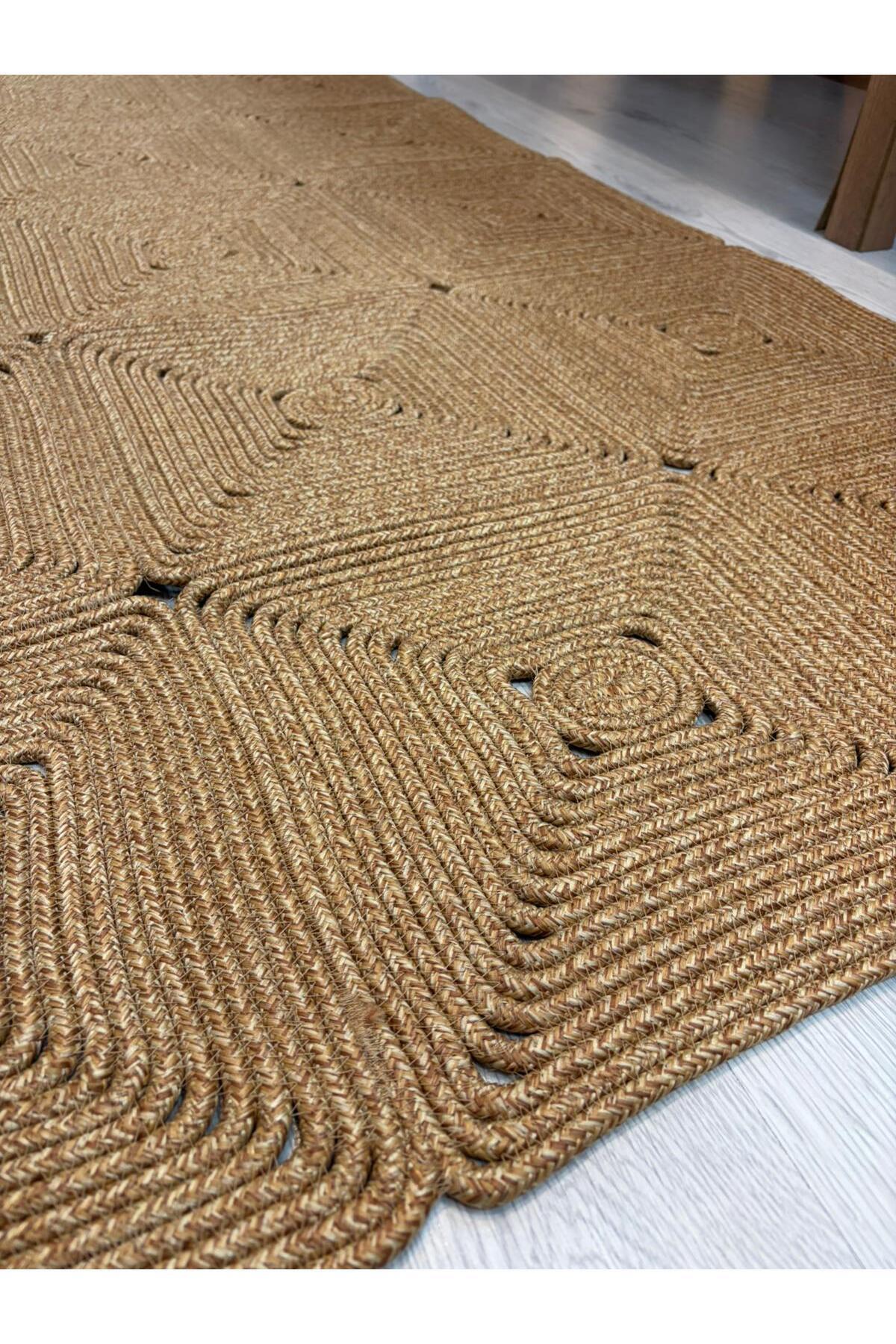 Mireya Dekoratif Hasır Jüt Kilim – Halat Örgü Dokulu, Geometrik Kare Desenli, El İşçiliği , Doğal Tasarım, Salon, Antre ve Ev Dekorasyonu İçin Kilim - Görsel 4