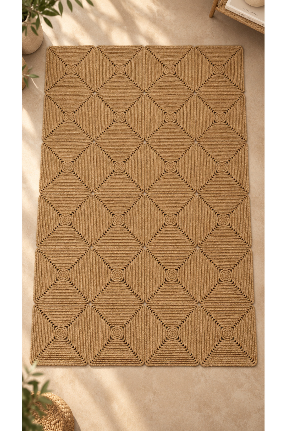 Mireya Dekoratif Hasır Jüt Kilim – Halat Örgü Dokulu, Geometrik Kare Desenli, El İşçiliği , Doğal Tasarım, Salon, Antre ve Ev Dekorasyonu İçin Kilim - Görsel 5