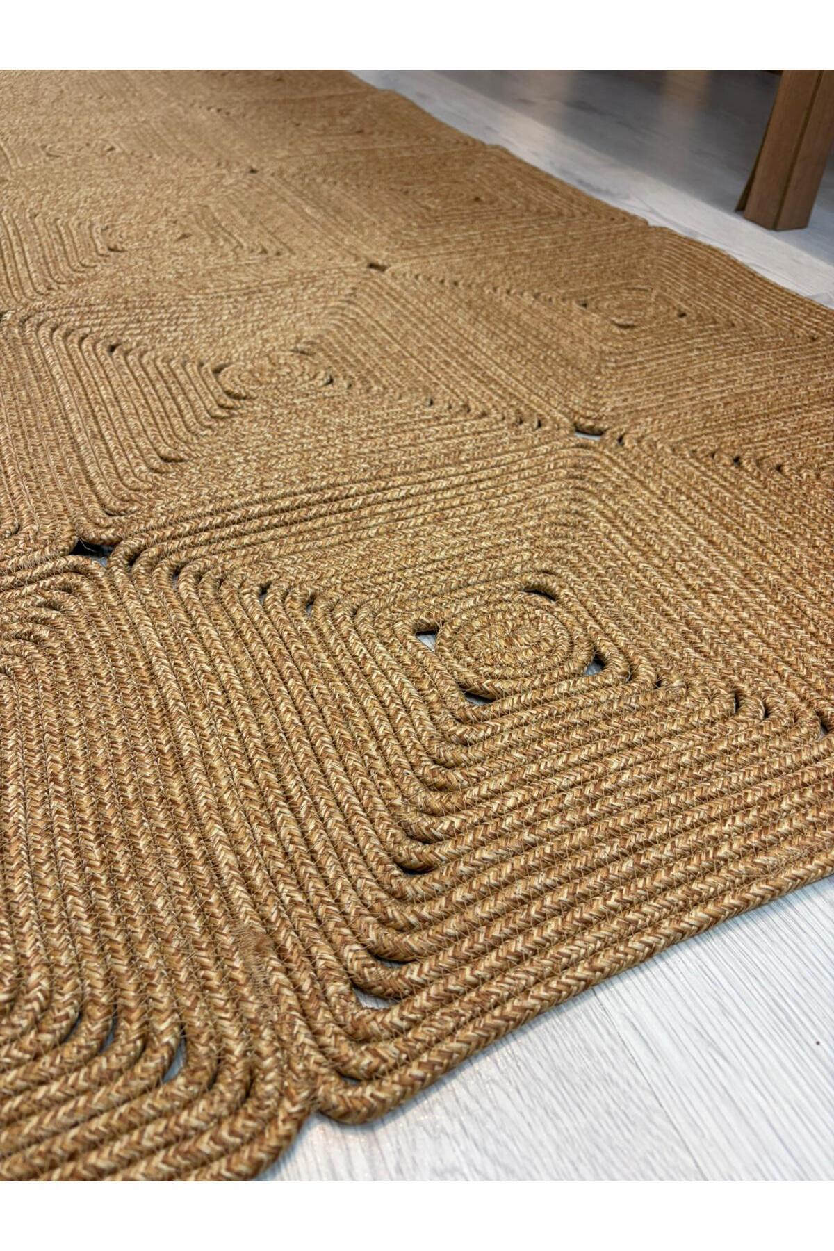 Mireya Dekoratif Hasır Jüt Kilim – Halat Örgü Dokulu, Geometrik Kare Desenli, El İşçiliği , Doğal Tasarım, Salon, Antre ve Ev Dekorasyonu İçin Kilim - Görsel 7