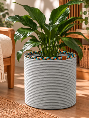 Rosella Dekoratif Örgü Sepet 30x30 cm Yuvarlak Çok Amaçlı Saksılık, Modern Ev Dekorasyonu, Bitki Saksısı Kılıfı, Banyo, Salon ve Yatak Odası İçin Şık Düzenleyici ve Depolama Sepeti