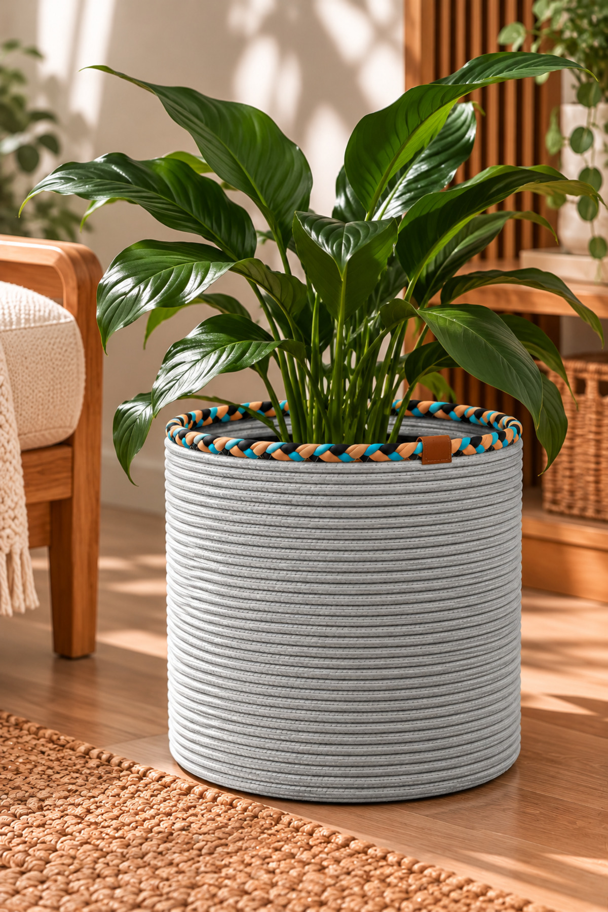 Rosella Dekoratif Örgü Sepet 30x30 cm Yuvarlak Çok Amaçlı Saksılık, Modern Ev Dekorasyonu, Bitki Saksısı Kılıfı, Banyo, Salon ve Yatak Odası İçin Şık Düzenleyici ve Depolama Sepeti