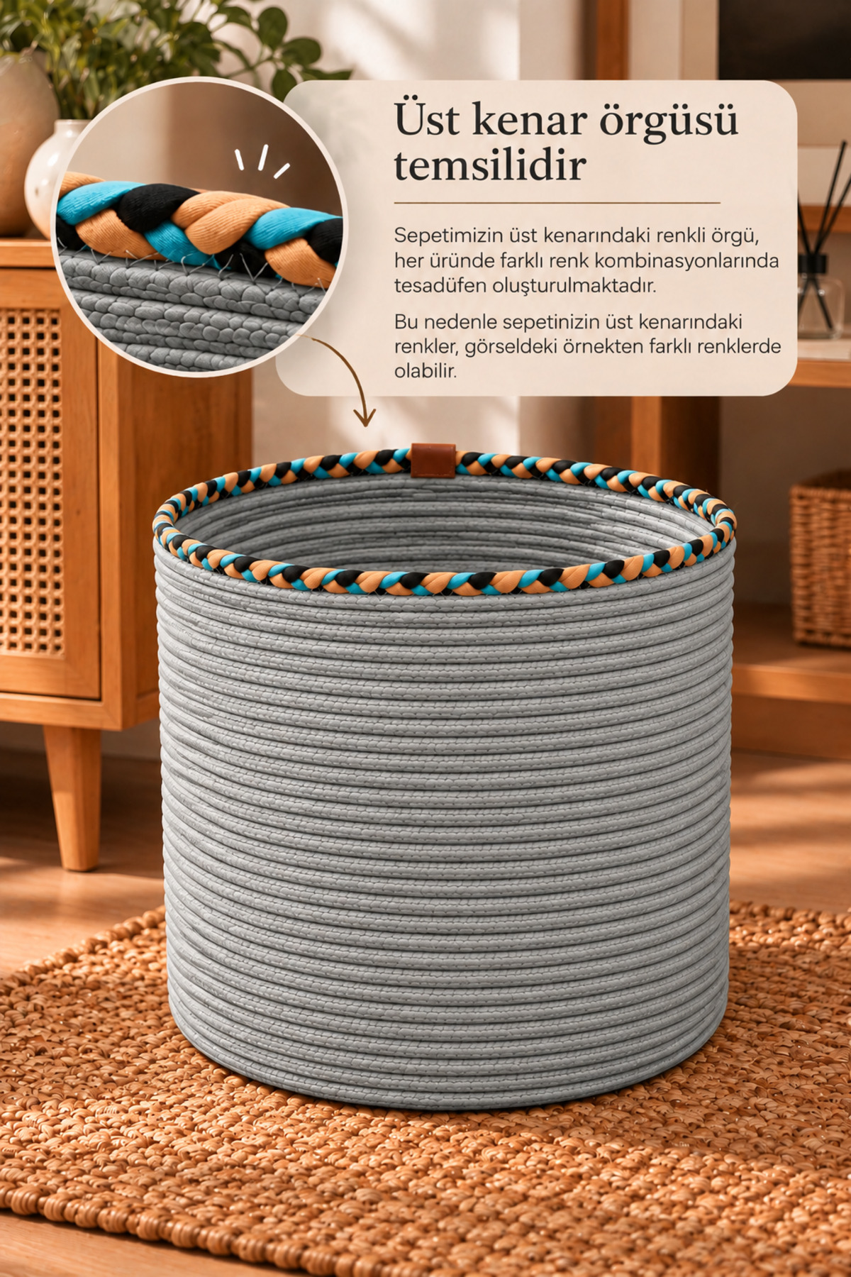 Rosella Dekoratif Örgü Sepet 30x30 cm Yuvarlak Çok Amaçlı Saksılık, Modern Ev Dekorasyonu, Bitki Saksısı Kılıfı, Banyo, Salon ve Yatak Odası İçin Şık Düzenleyici ve Depolama Sepeti - Görsel 2