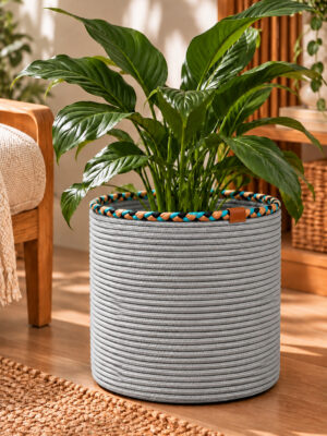 Rosella Dekoratif Örgü Sepet 30x30 cm Yuvarlak Çok Amaçlı Saksılık, Modern Ev Dekorasyonu, Bitki Saksısı Kılıfı, Banyo, Salon ve Yatak Odası İçin Şık Düzenleyici ve Depolama Sepeti - Görsel 4