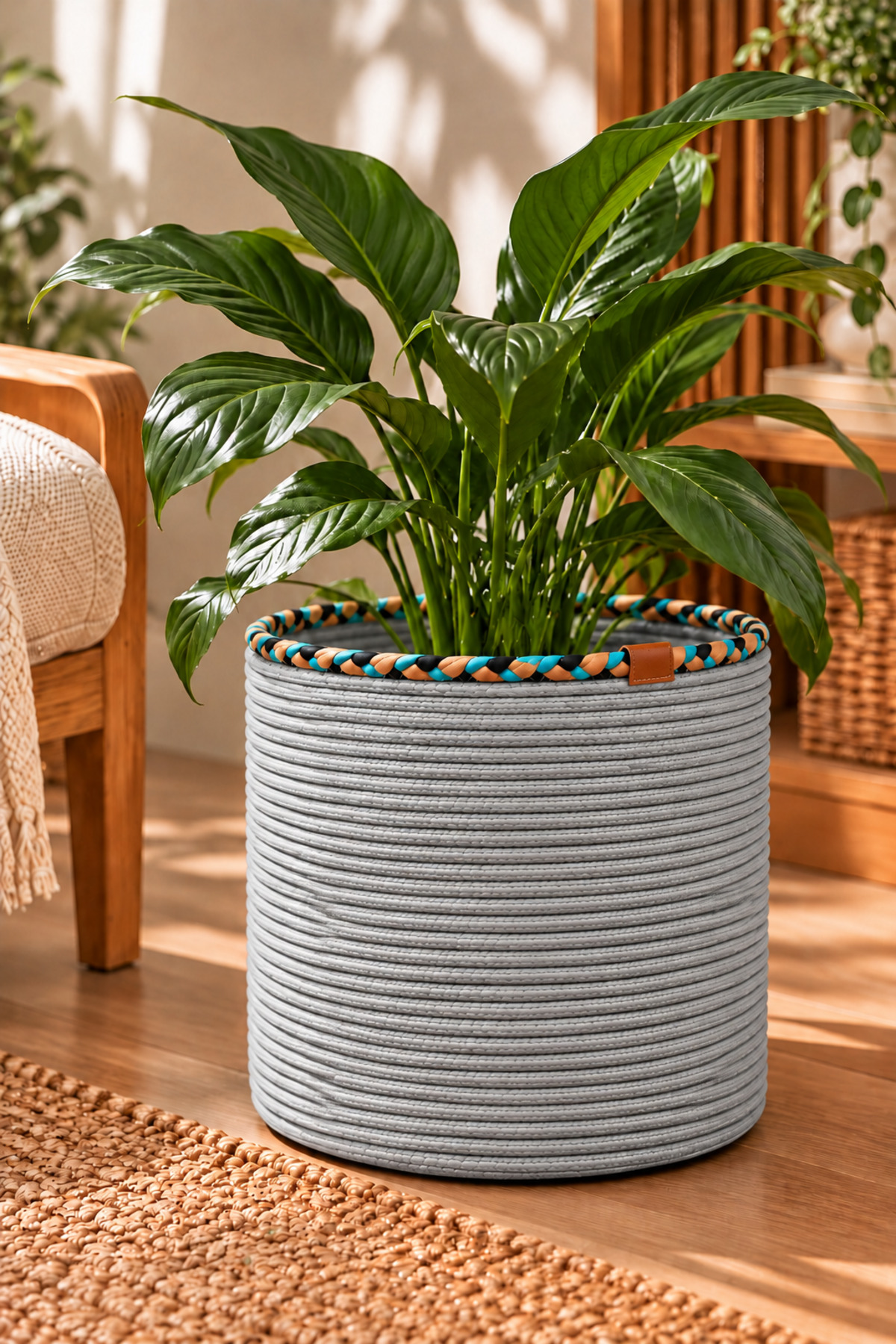 Rosella Dekoratif Örgü Sepet 30x30 cm Yuvarlak Çok Amaçlı Saksılık, Modern Ev Dekorasyonu, Bitki Saksısı Kılıfı, Banyo, Salon ve Yatak Odası İçin Şık Düzenleyici ve Depolama Sepeti - Görsel 4
