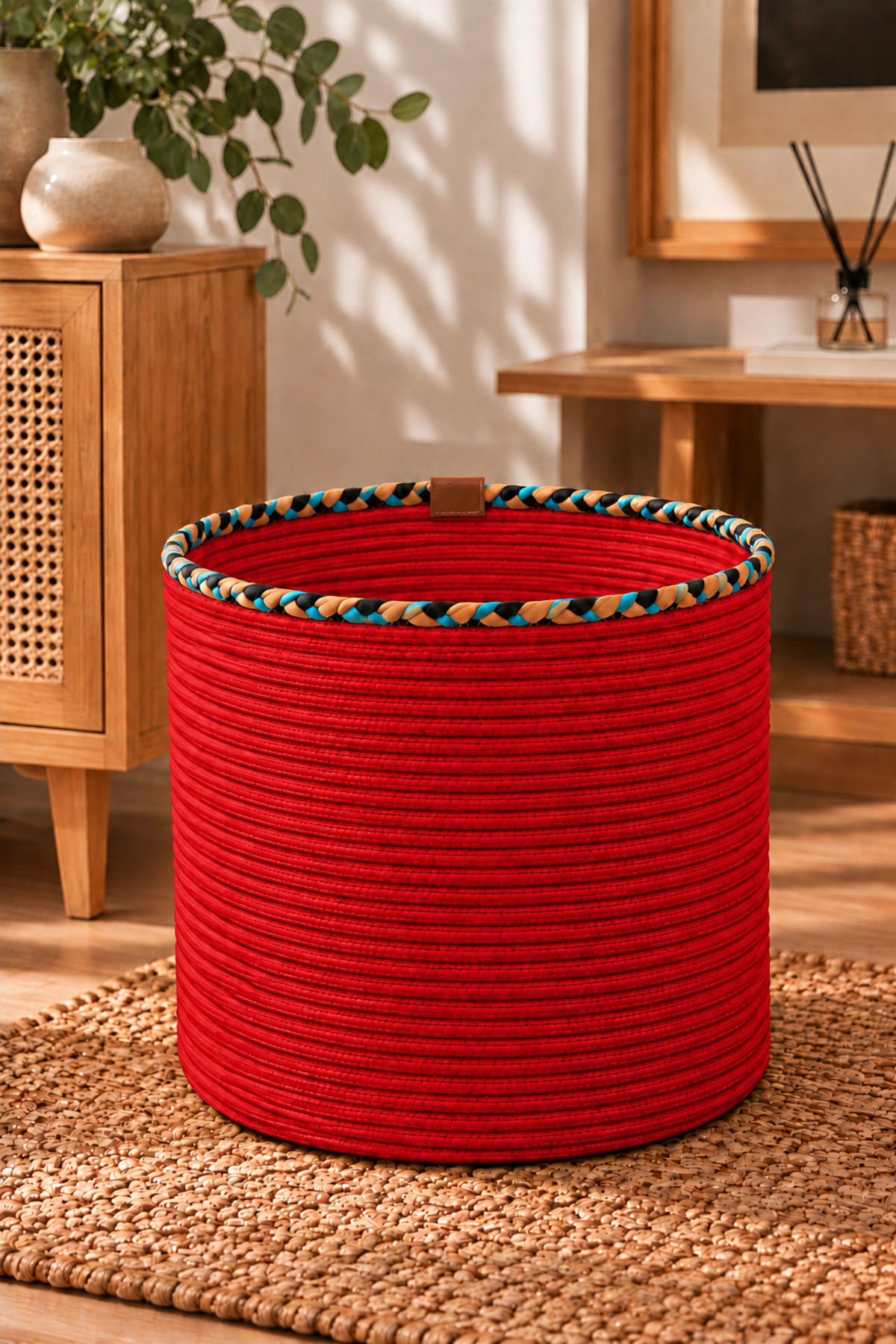 Rosella Dekoratif Örgü Sepet 30x30 cm Yuvarlak Çok Amaçlı Saksılık, Modern Ev Dekorasyonu, Bitki Saksısı Kılıfı, Banyo, Salon ve Yatak Odası İçin Şık Düzenleyici ve Depolama Sepeti - Görsel 5