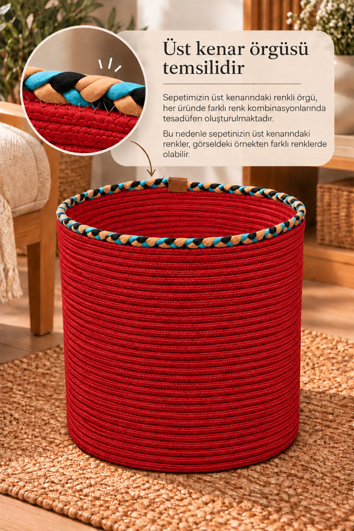 Rosella Dekoratif Örgü Sepet 30x30 cm Yuvarlak Çok Amaçlı Saksılık, Modern Ev Dekorasyonu, Bitki Saksısı Kılıfı, Banyo, Salon ve Yatak Odası İçin Şık Düzenleyici ve Depolama Sepeti - Görsel 6