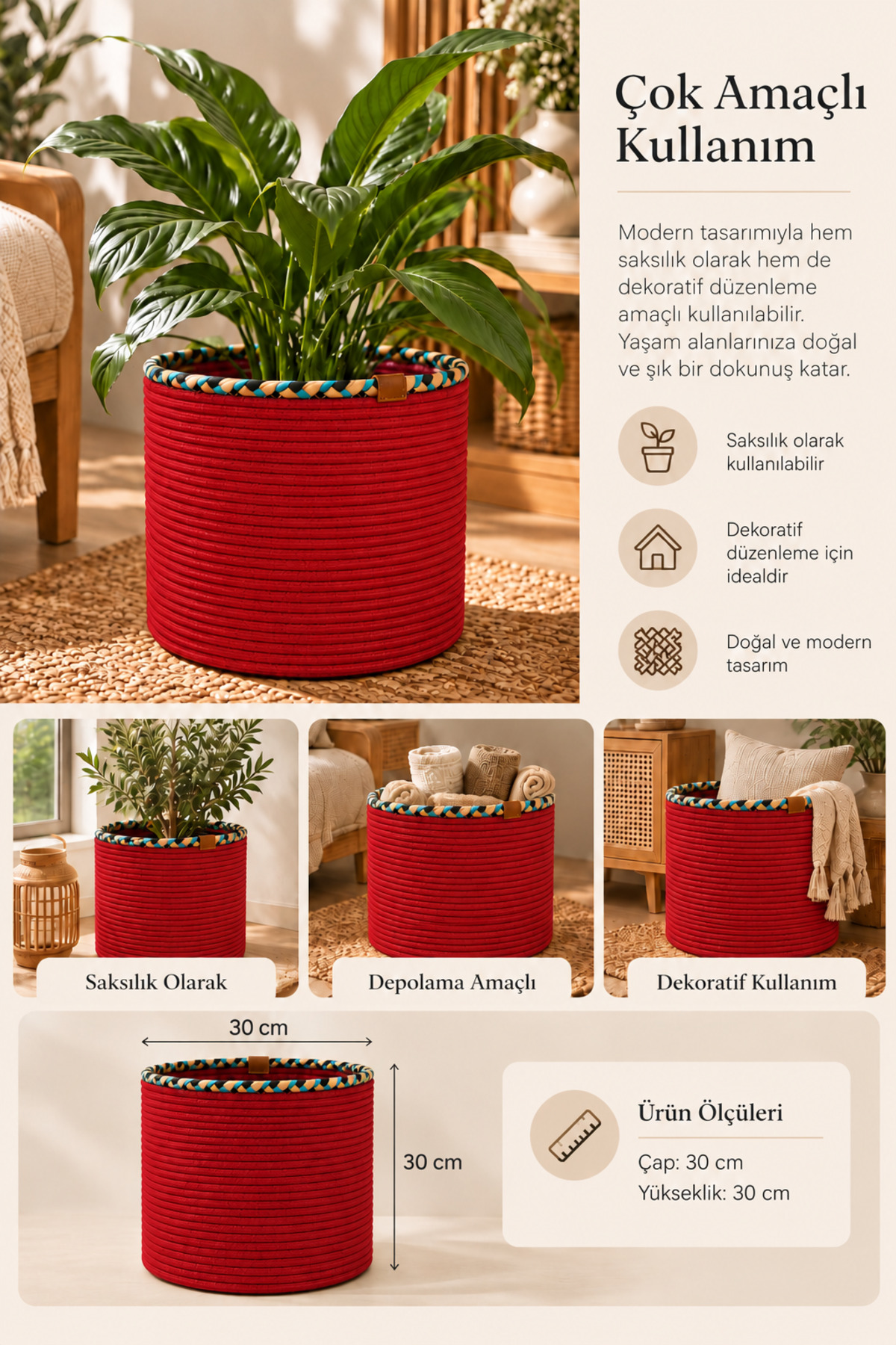 Rosella Dekoratif Örgü Sepet 30x30 cm Yuvarlak Çok Amaçlı Saksılık, Modern Ev Dekorasyonu, Bitki Saksısı Kılıfı, Banyo, Salon ve Yatak Odası İçin Şık Düzenleyici ve Depolama Sepeti - Görsel 7