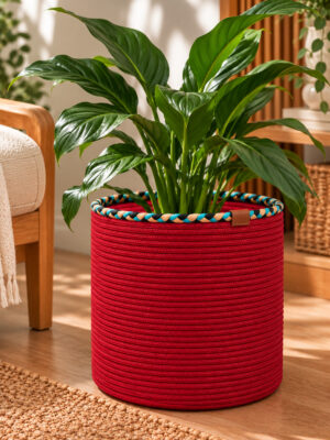 Rosella Dekoratif Örgü Sepet 30x30 cm Yuvarlak Çok Amaçlı Saksılık, Modern Ev Dekorasyonu, Bitki Saksısı Kılıfı, Banyo, Salon ve Yatak Odası İçin Şık Düzenleyici ve Depolama Sepeti - Görsel 8