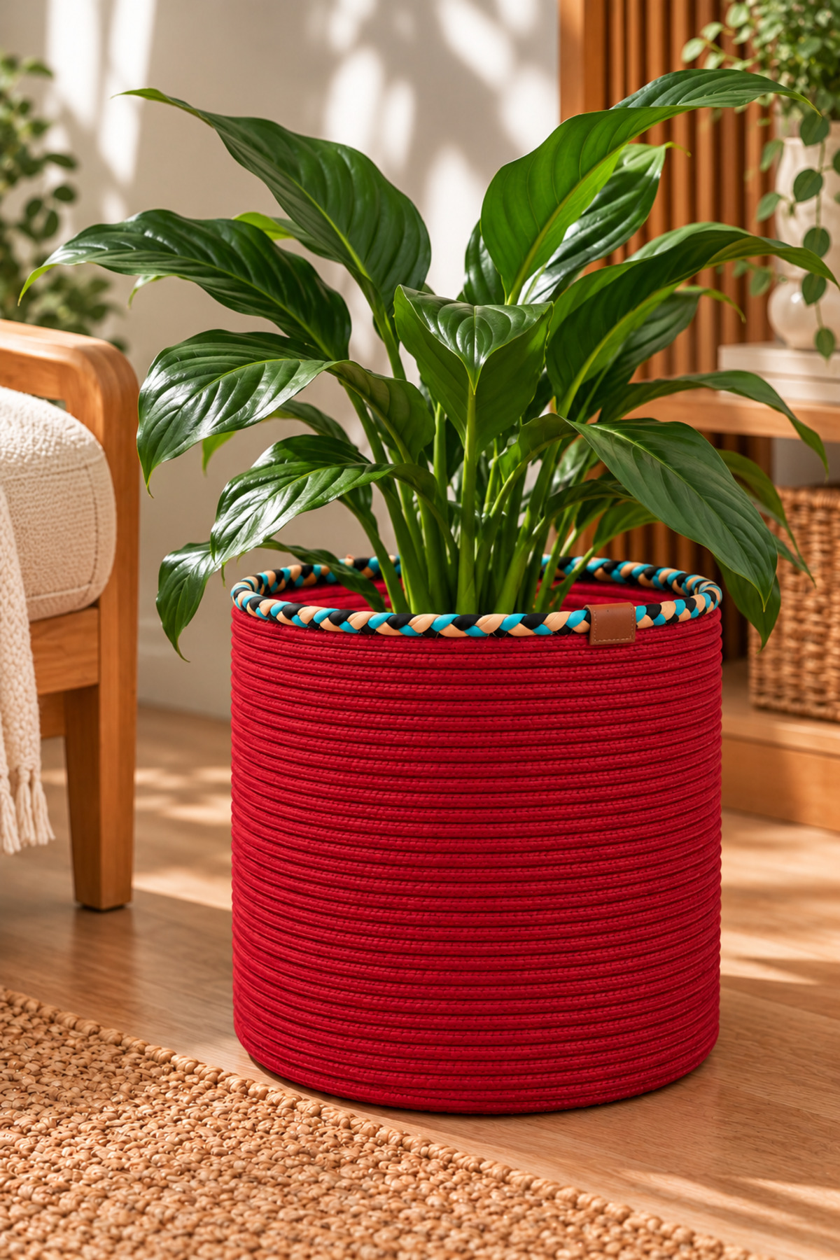 Rosella Dekoratif Örgü Sepet 30x30 cm Yuvarlak Çok Amaçlı Saksılık, Modern Ev Dekorasyonu, Bitki Saksısı Kılıfı, Banyo, Salon ve Yatak Odası İçin Şık Düzenleyici ve Depolama Sepeti - Görsel 8