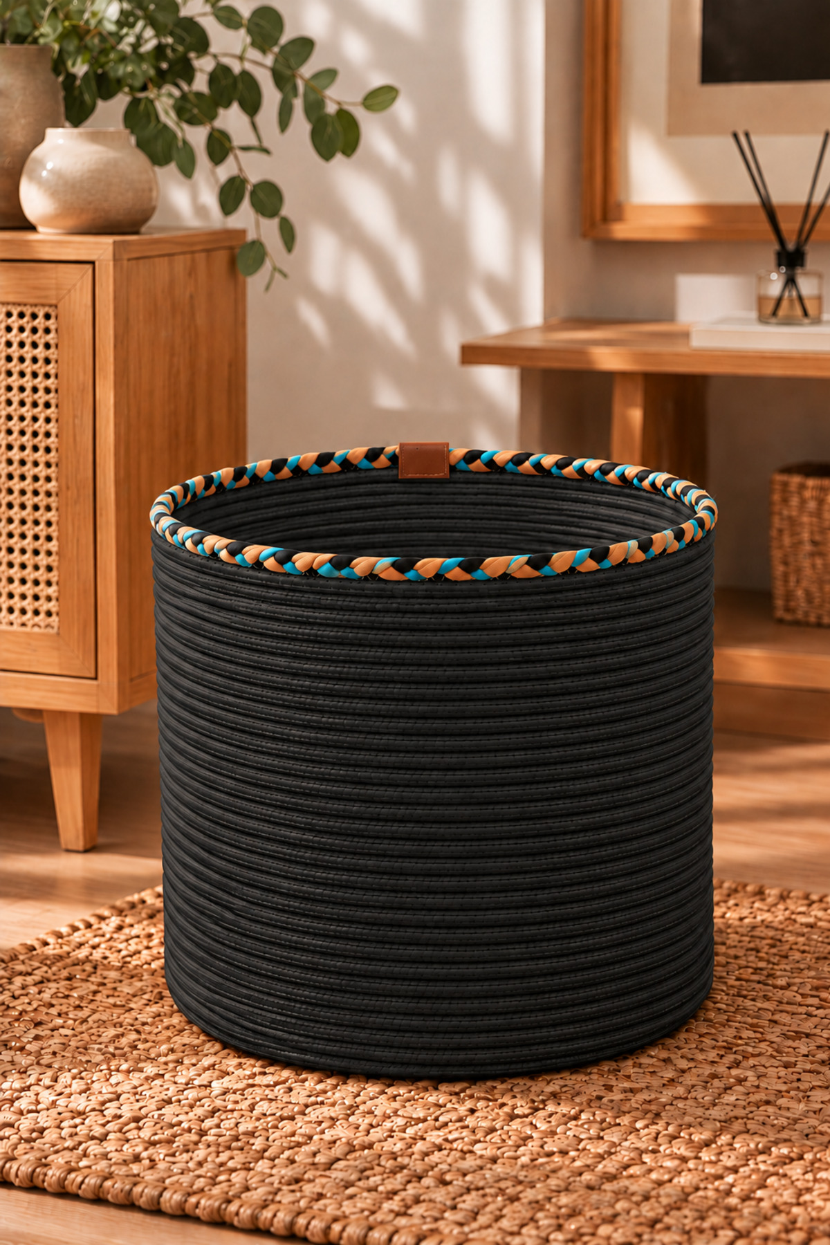 Rosella Dekoratif Örgü Sepet 30x30 cm Yuvarlak Çok Amaçlı Saksılık, Modern Ev Dekorasyonu, Bitki Saksısı Kılıfı, Banyo, Salon ve Yatak Odası İçin Şık Düzenleyici ve Depolama Sepeti - Görsel 9