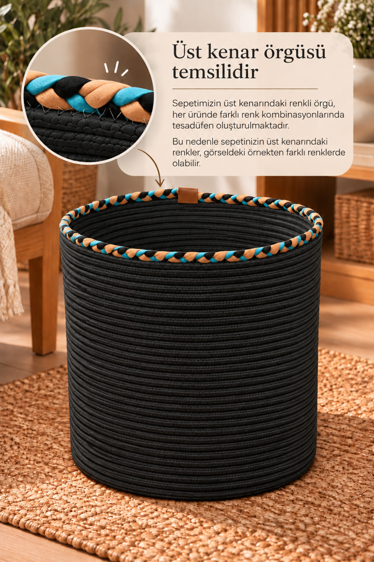 Rosella Dekoratif Örgü Sepet 30x30 cm Yuvarlak Çok Amaçlı Saksılık, Modern Ev Dekorasyonu, Bitki Saksısı Kılıfı, Banyo, Salon ve Yatak Odası İçin Şık Düzenleyici ve Depolama Sepeti - Görsel 10