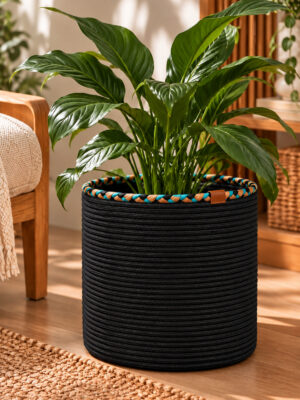Rosella Dekoratif Örgü Sepet 30x30 cm Yuvarlak Çok Amaçlı Saksılık, Modern Ev Dekorasyonu, Bitki Saksısı Kılıfı, Banyo, Salon ve Yatak Odası İçin Şık Düzenleyici ve Depolama Sepeti - Görsel 12