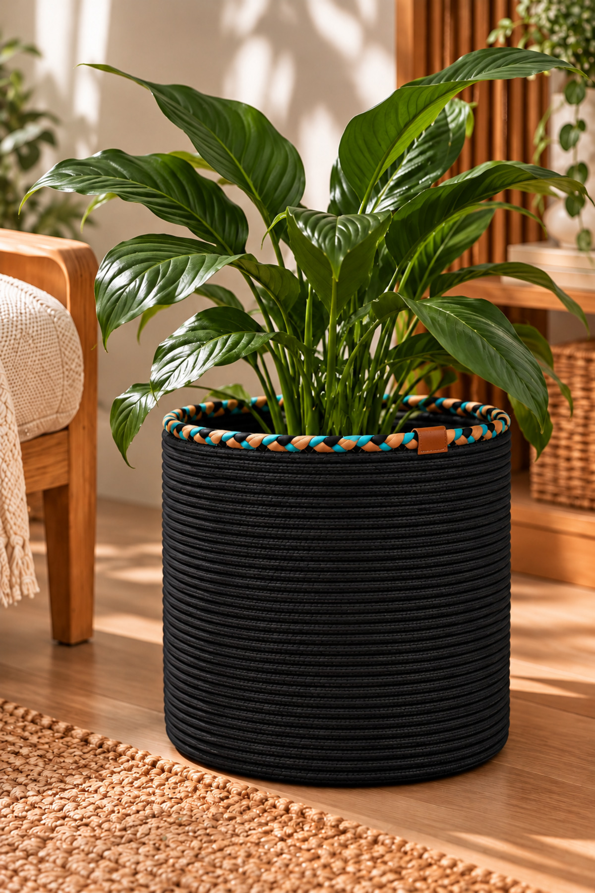 Rosella Dekoratif Örgü Sepet 30x30 cm Yuvarlak Çok Amaçlı Saksılık, Modern Ev Dekorasyonu, Bitki Saksısı Kılıfı, Banyo, Salon ve Yatak Odası İçin Şık Düzenleyici ve Depolama Sepeti - Görsel 12