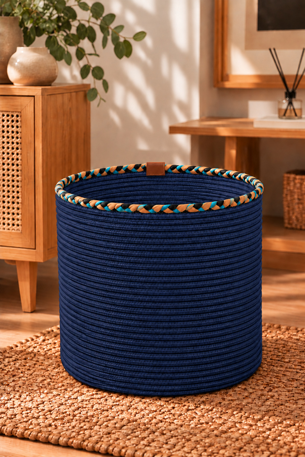 Rosella Dekoratif Örgü Sepet 30x30 cm Yuvarlak Çok Amaçlı Saksılık, Modern Ev Dekorasyonu, Bitki Saksısı Kılıfı, Banyo, Salon ve Yatak Odası İçin Şık Düzenleyici ve Depolama Sepeti - Görsel 13
