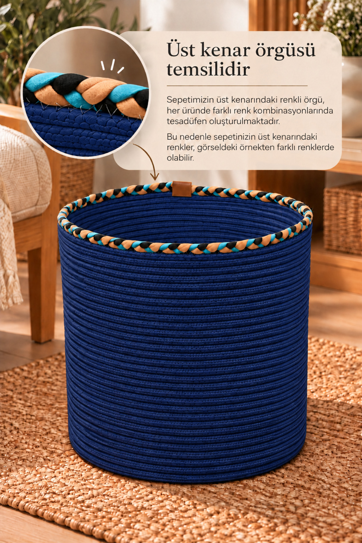 Rosella Dekoratif Örgü Sepet 30x30 cm Yuvarlak Çok Amaçlı Saksılık, Modern Ev Dekorasyonu, Bitki Saksısı Kılıfı, Banyo, Salon ve Yatak Odası İçin Şık Düzenleyici ve Depolama Sepeti - Görsel 14