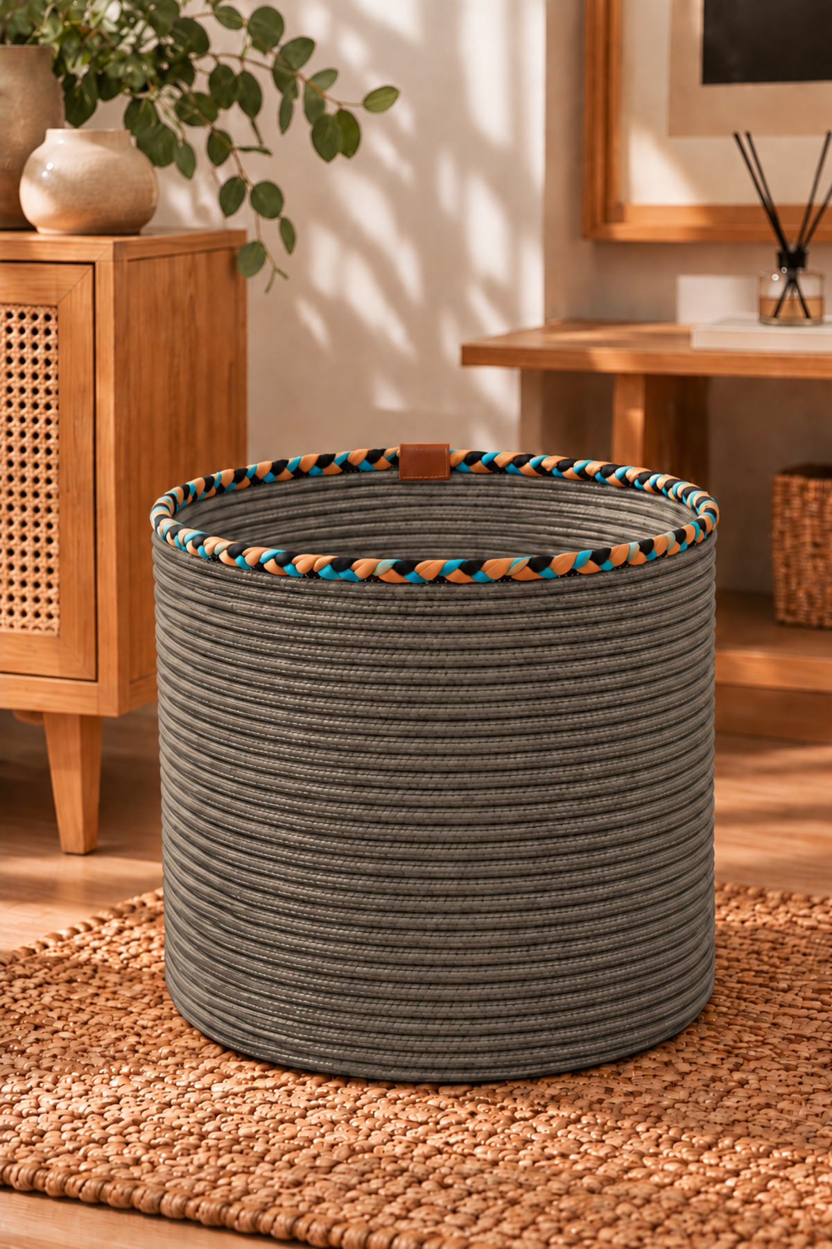 Rosella Dekoratif Örgü Sepet 30x30 cm Yuvarlak Çok Amaçlı Saksılık, Modern Ev Dekorasyonu, Bitki Saksısı Kılıfı, Banyo, Salon ve Yatak Odası İçin Şık Düzenleyici ve Depolama Sepeti - Görsel 17