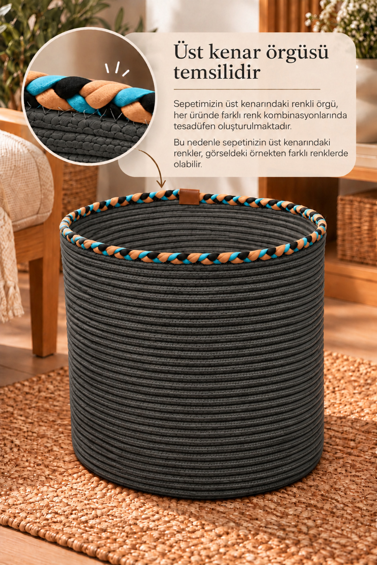 Rosella Dekoratif Örgü Sepet 30x30 cm Yuvarlak Çok Amaçlı Saksılık, Modern Ev Dekorasyonu, Bitki Saksısı Kılıfı, Banyo, Salon ve Yatak Odası İçin Şık Düzenleyici ve Depolama Sepeti - Görsel 18