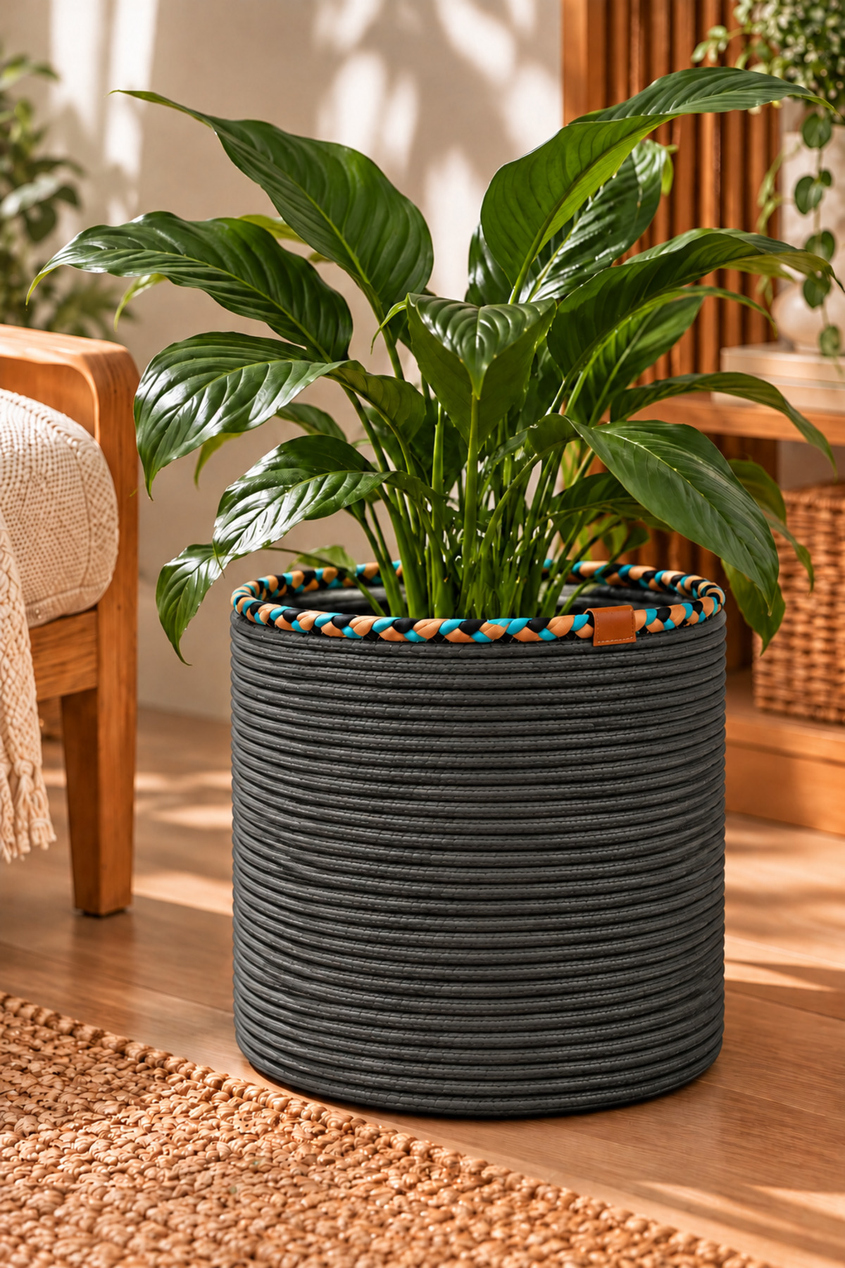 Rosella Dekoratif Örgü Sepet 30x30 cm Yuvarlak Çok Amaçlı Saksılık, Modern Ev Dekorasyonu, Bitki Saksısı Kılıfı, Banyo, Salon ve Yatak Odası İçin Şık Düzenleyici ve Depolama Sepeti - Görsel 20