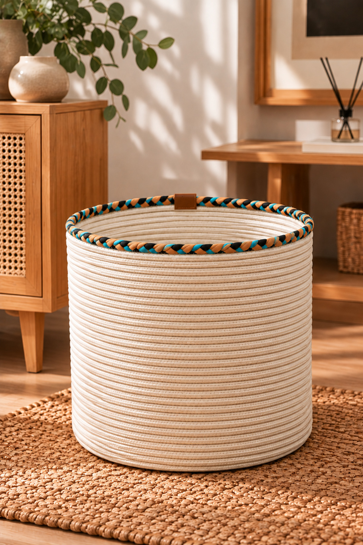 Rosella Dekoratif Örgü Sepet 30x30 cm Yuvarlak Çok Amaçlı Saksılık, Modern Ev Dekorasyonu, Bitki Saksısı Kılıfı, Banyo, Salon ve Yatak Odası İçin Şık Düzenleyici ve Depolama Sepeti - Görsel 21