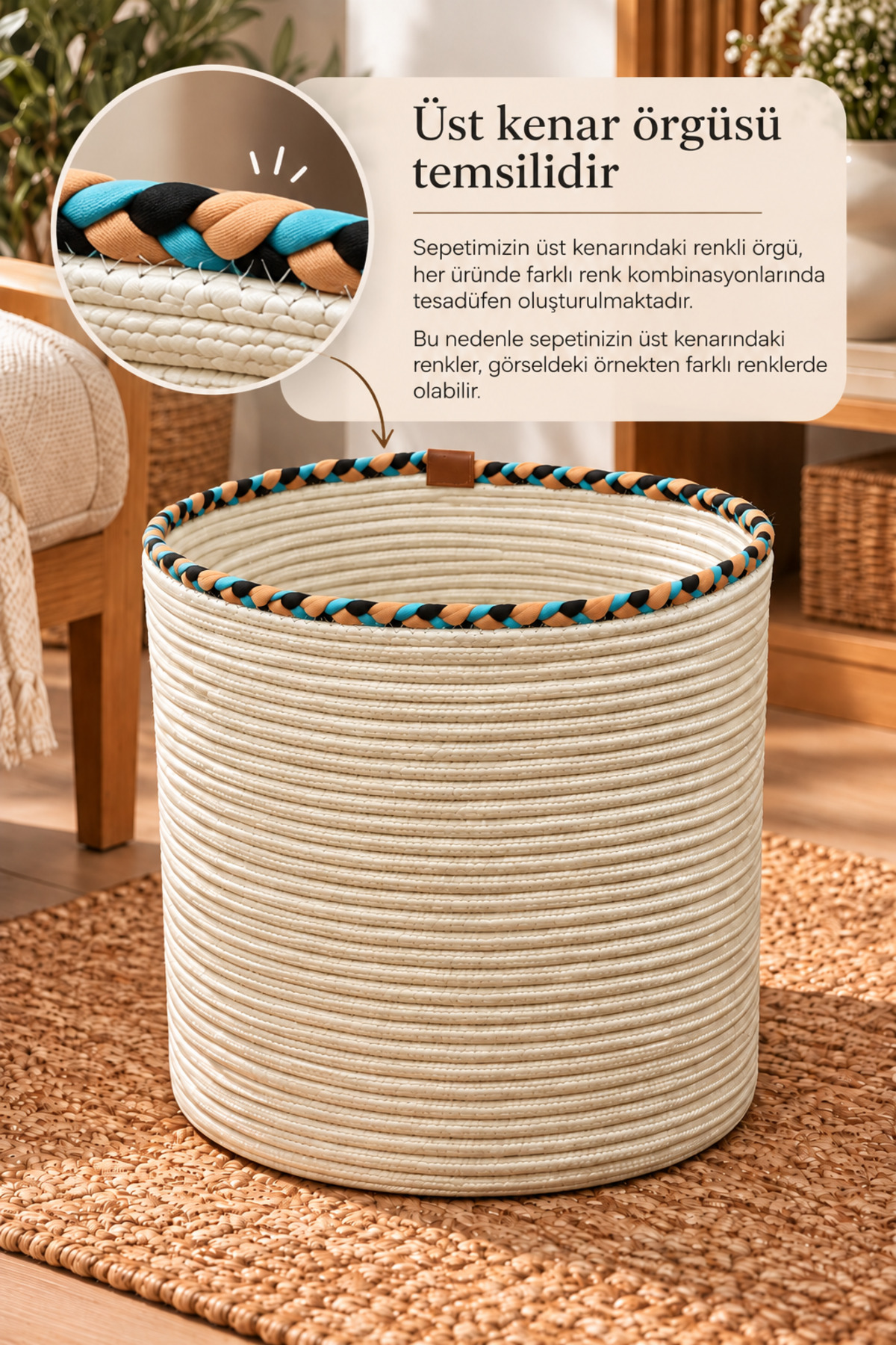 Rosella Dekoratif Örgü Sepet 30x30 cm Yuvarlak Çok Amaçlı Saksılık, Modern Ev Dekorasyonu, Bitki Saksısı Kılıfı, Banyo, Salon ve Yatak Odası İçin Şık Düzenleyici ve Depolama Sepeti - Görsel 22
