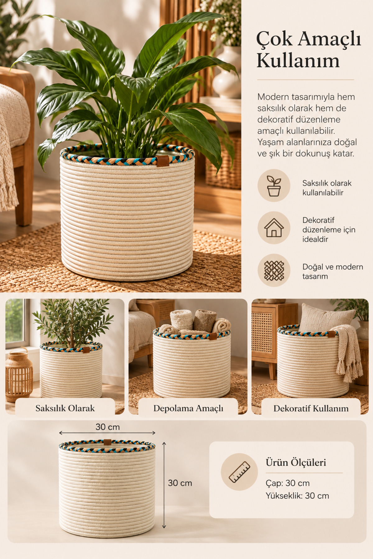 Rosella Dekoratif Örgü Sepet 30x30 cm Yuvarlak Çok Amaçlı Saksılık, Modern Ev Dekorasyonu, Bitki Saksısı Kılıfı, Banyo, Salon ve Yatak Odası İçin Şık Düzenleyici ve Depolama Sepeti - Görsel 23