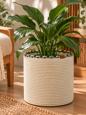 Rosella Dekoratif Örgü Sepet 30x30 cm Yuvarlak Çok Amaçlı Saksılık, Modern Ev Dekorasyonu, Bitki Saksısı Kılıfı, Banyo, Salon ve Yatak Odası İçin Şık Düzenleyici ve Depolama Sepeti - Görsel 24
