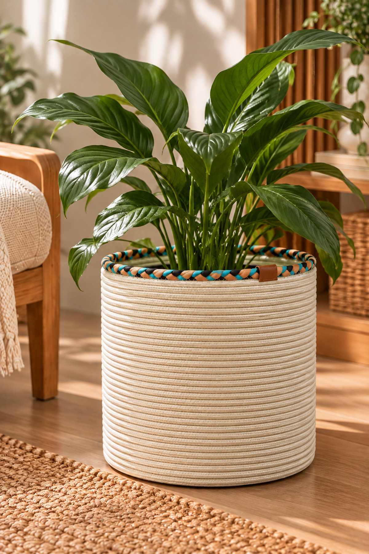 Rosella Dekoratif Örgü Sepet 30x30 cm Yuvarlak Çok Amaçlı Saksılık, Modern Ev Dekorasyonu, Bitki Saksısı Kılıfı, Banyo, Salon ve Yatak Odası İçin Şık Düzenleyici ve Depolama Sepeti - Görsel 24