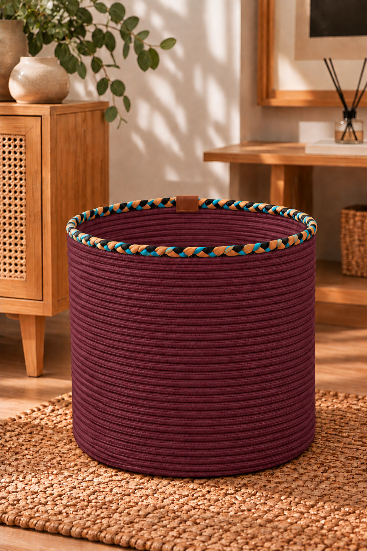 Rosella Dekoratif Örgü Sepet 30x30 cm Yuvarlak Çok Amaçlı Saksılık, Modern Ev Dekorasyonu, Bitki Saksısı Kılıfı, Banyo, Salon ve Yatak Odası İçin Şık Düzenleyici ve Depolama Sepeti - Görsel 25