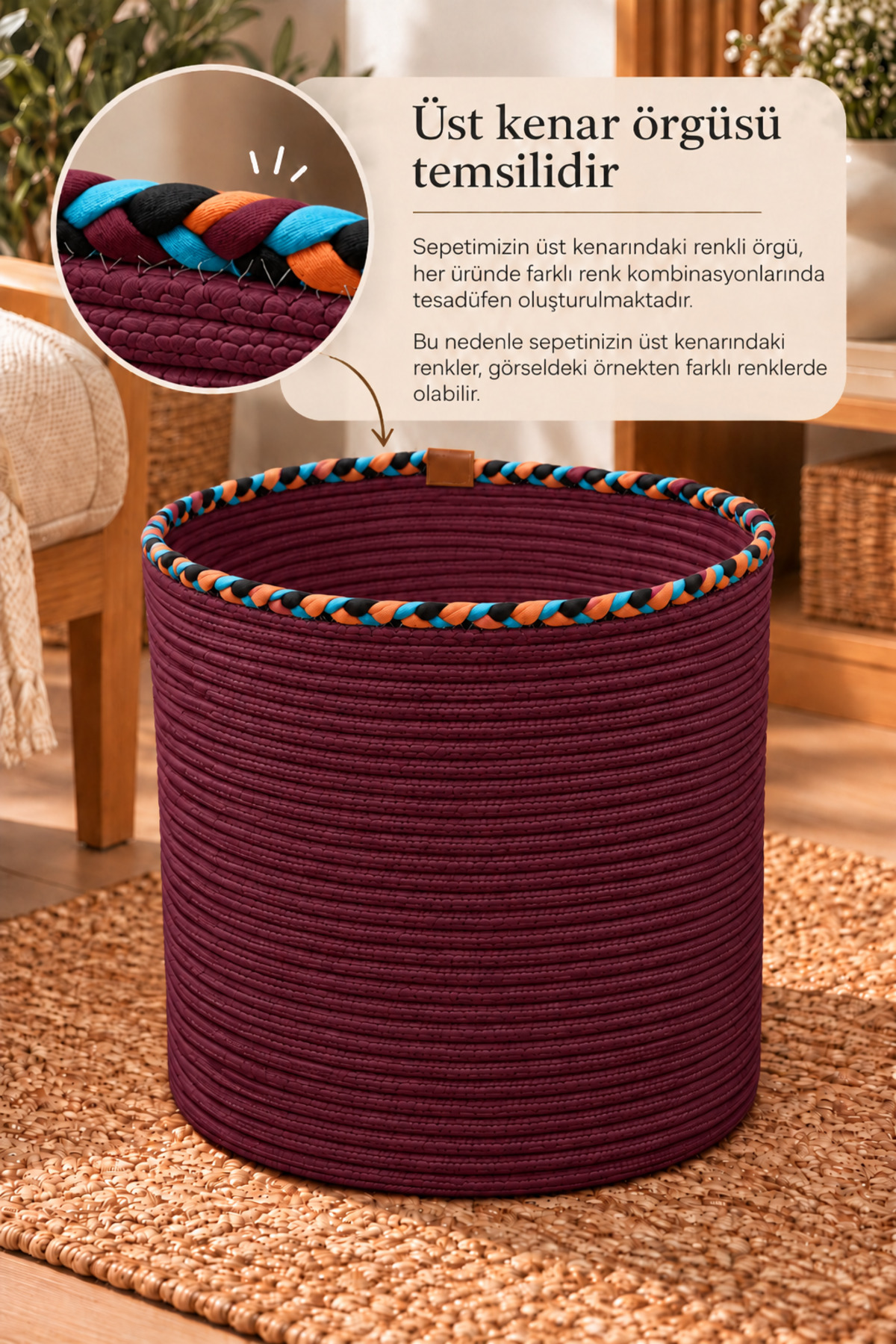 Rosella Dekoratif Örgü Sepet 30x30 cm Yuvarlak Çok Amaçlı Saksılık, Modern Ev Dekorasyonu, Bitki Saksısı Kılıfı, Banyo, Salon ve Yatak Odası İçin Şık Düzenleyici ve Depolama Sepeti - Görsel 26