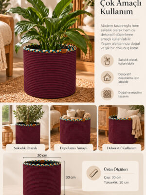 Rosella Dekoratif Örgü Sepet 30x30 cm Yuvarlak Çok Amaçlı Saksılık, Modern Ev Dekorasyonu, Bitki Saksısı Kılıfı, Banyo, Salon ve Yatak Odası İçin Şık Düzenleyici ve Depolama Sepeti - Görsel 27