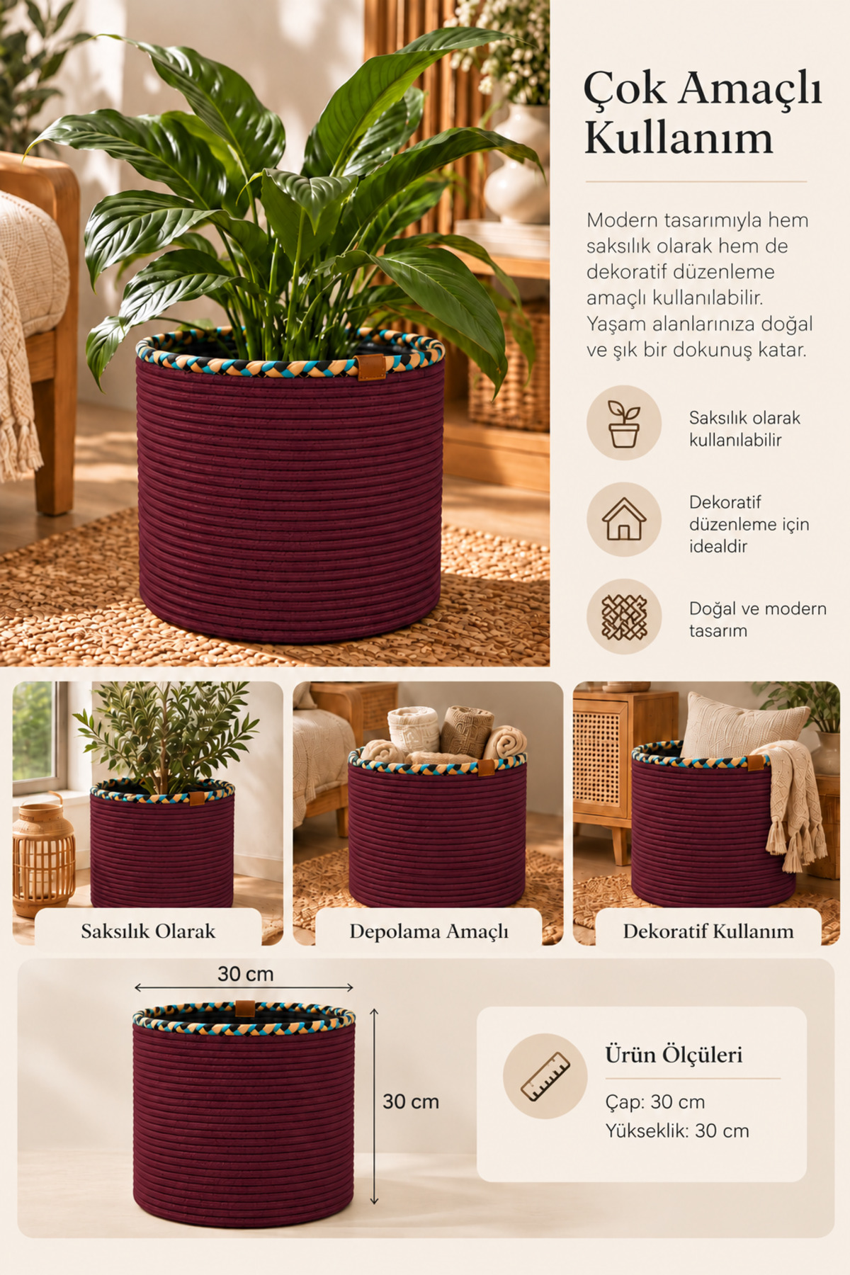 Rosella Dekoratif Örgü Sepet 30x30 cm Yuvarlak Çok Amaçlı Saksılık, Modern Ev Dekorasyonu, Bitki Saksısı Kılıfı, Banyo, Salon ve Yatak Odası İçin Şık Düzenleyici ve Depolama Sepeti - Görsel 27