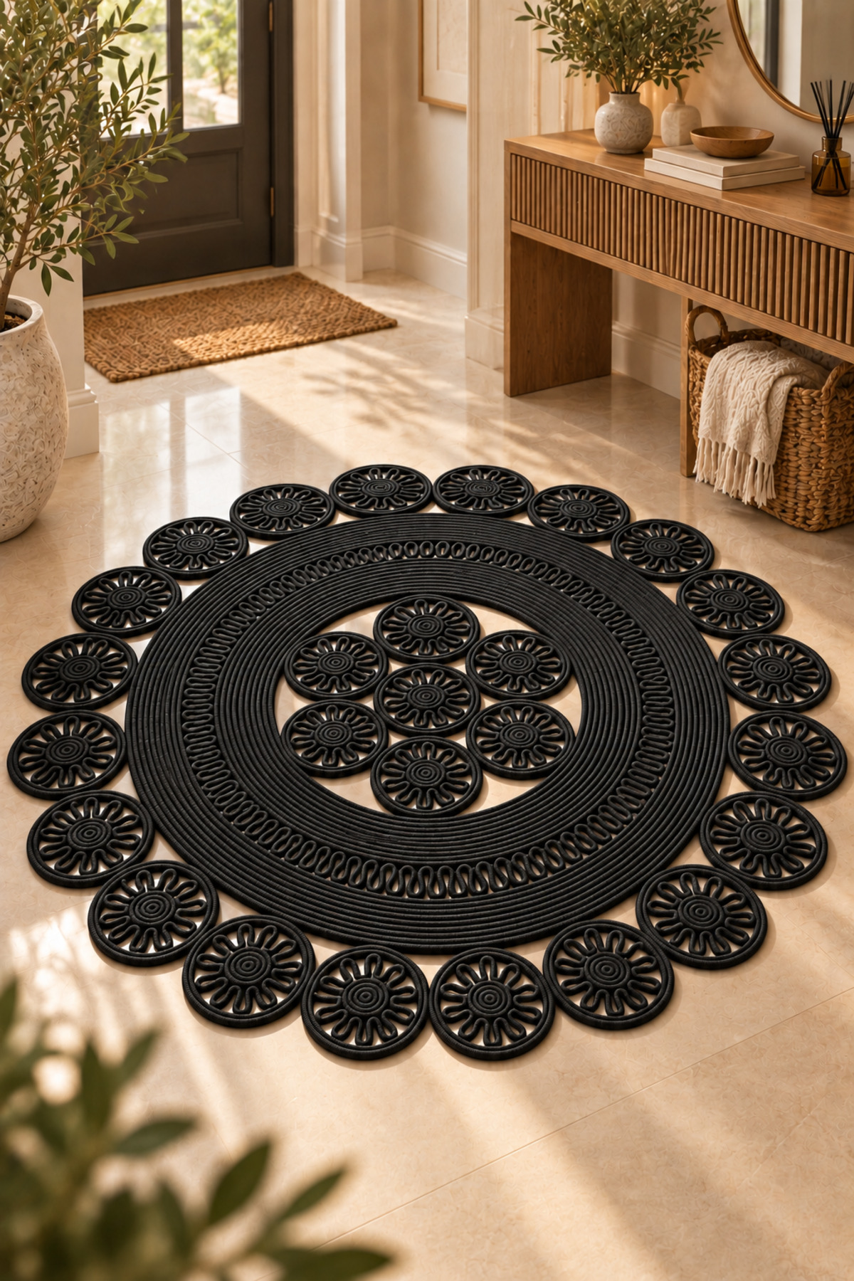 Velmira Hasır Jüt El İşçiliği Yuvarlak Kilim Halat Kilim – Dekoratif Örgü Motifli, Modern Bohem Tasarım, Salon, Oturma Odası, Antre, Yatak Odası ve Ev Dekorasyonu İçin Şık Kilim - Görsel 13