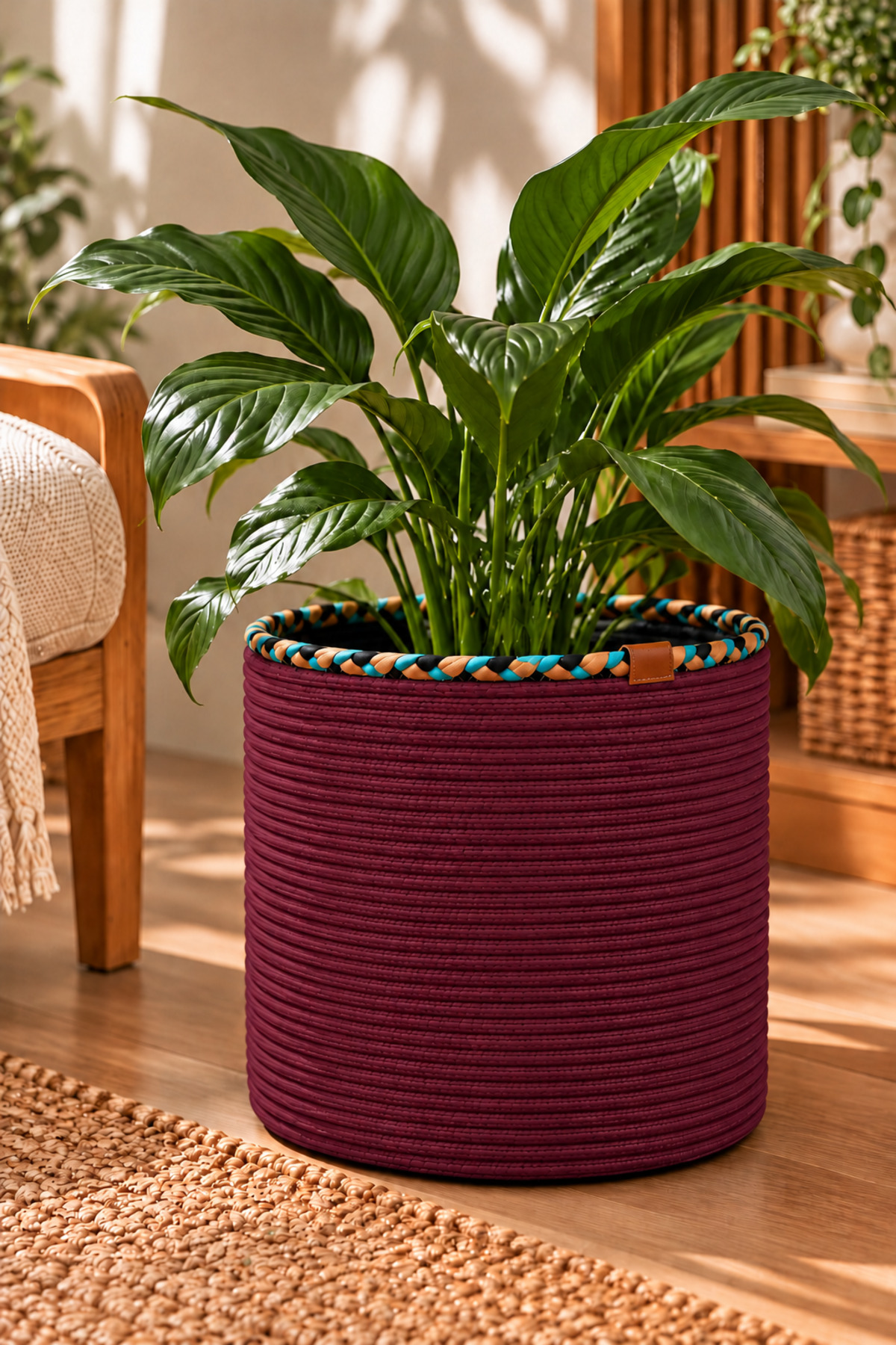 Rosella Dekoratif Örgü Sepet 30x30 cm Yuvarlak Çok Amaçlı Saksılık, Modern Ev Dekorasyonu, Bitki Saksısı Kılıfı, Banyo, Salon ve Yatak Odası İçin Şık Düzenleyici ve Depolama Sepeti - Görsel 28