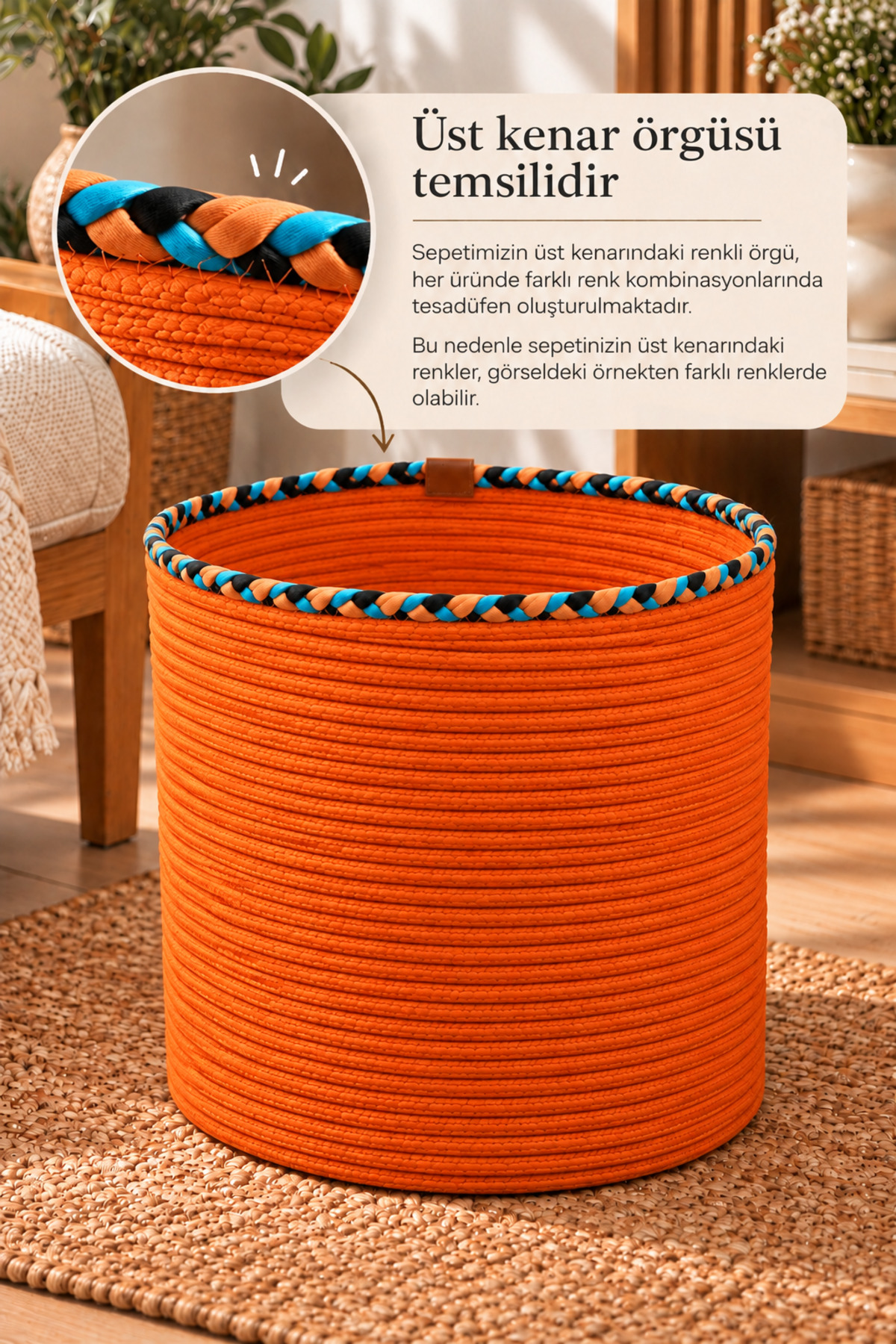 Rosella Dekoratif Örgü Sepet 30x30 cm Yuvarlak Çok Amaçlı Saksılık, Modern Ev Dekorasyonu, Bitki Saksısı Kılıfı, Banyo, Salon ve Yatak Odası İçin Şık Düzenleyici ve Depolama Sepeti - Görsel 30