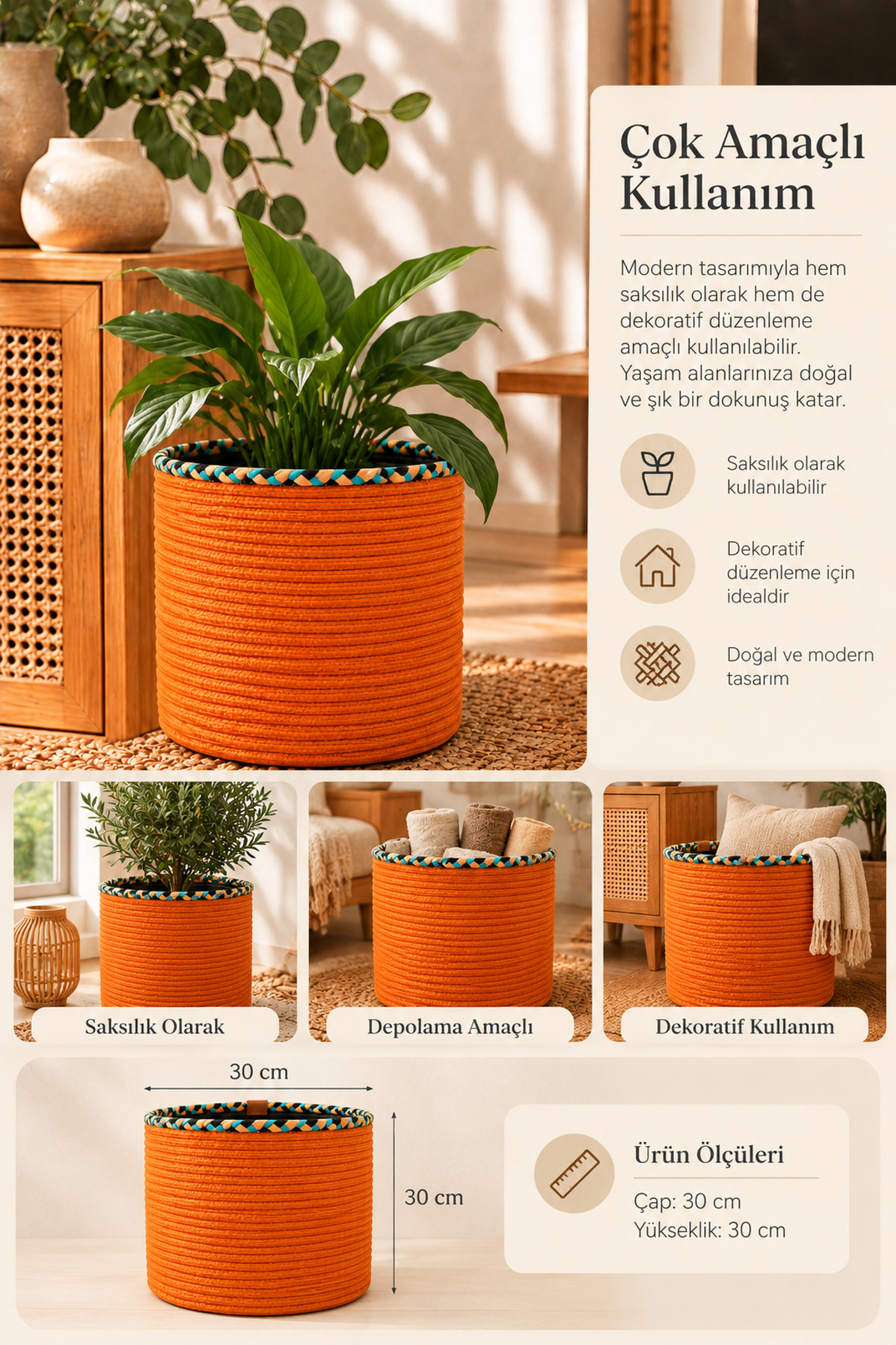 Rosella Dekoratif Örgü Sepet 30x30 cm Yuvarlak Çok Amaçlı Saksılık, Modern Ev Dekorasyonu, Bitki Saksısı Kılıfı, Banyo, Salon ve Yatak Odası İçin Şık Düzenleyici ve Depolama Sepeti - Görsel 31
