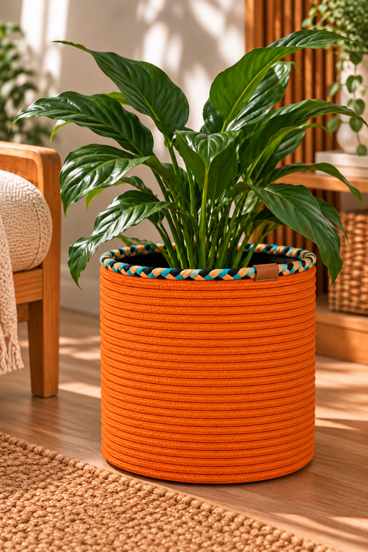 Rosella Dekoratif Örgü Sepet 30x30 cm Yuvarlak Çok Amaçlı Saksılık, Modern Ev Dekorasyonu, Bitki Saksısı Kılıfı, Banyo, Salon ve Yatak Odası İçin Şık Düzenleyici ve Depolama Sepeti - Görsel 32