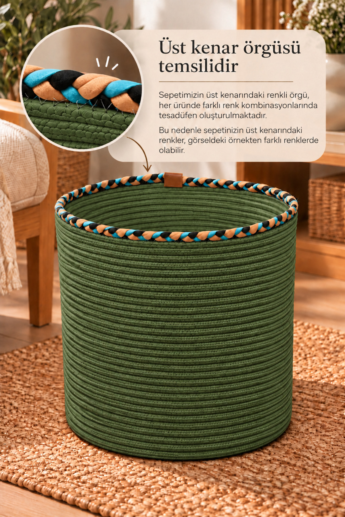 Rosella Dekoratif Örgü Sepet 30x30 cm Yuvarlak Çok Amaçlı Saksılık, Modern Ev Dekorasyonu, Bitki Saksısı Kılıfı, Banyo, Salon ve Yatak Odası İçin Şık Düzenleyici ve Depolama Sepeti - Görsel 34